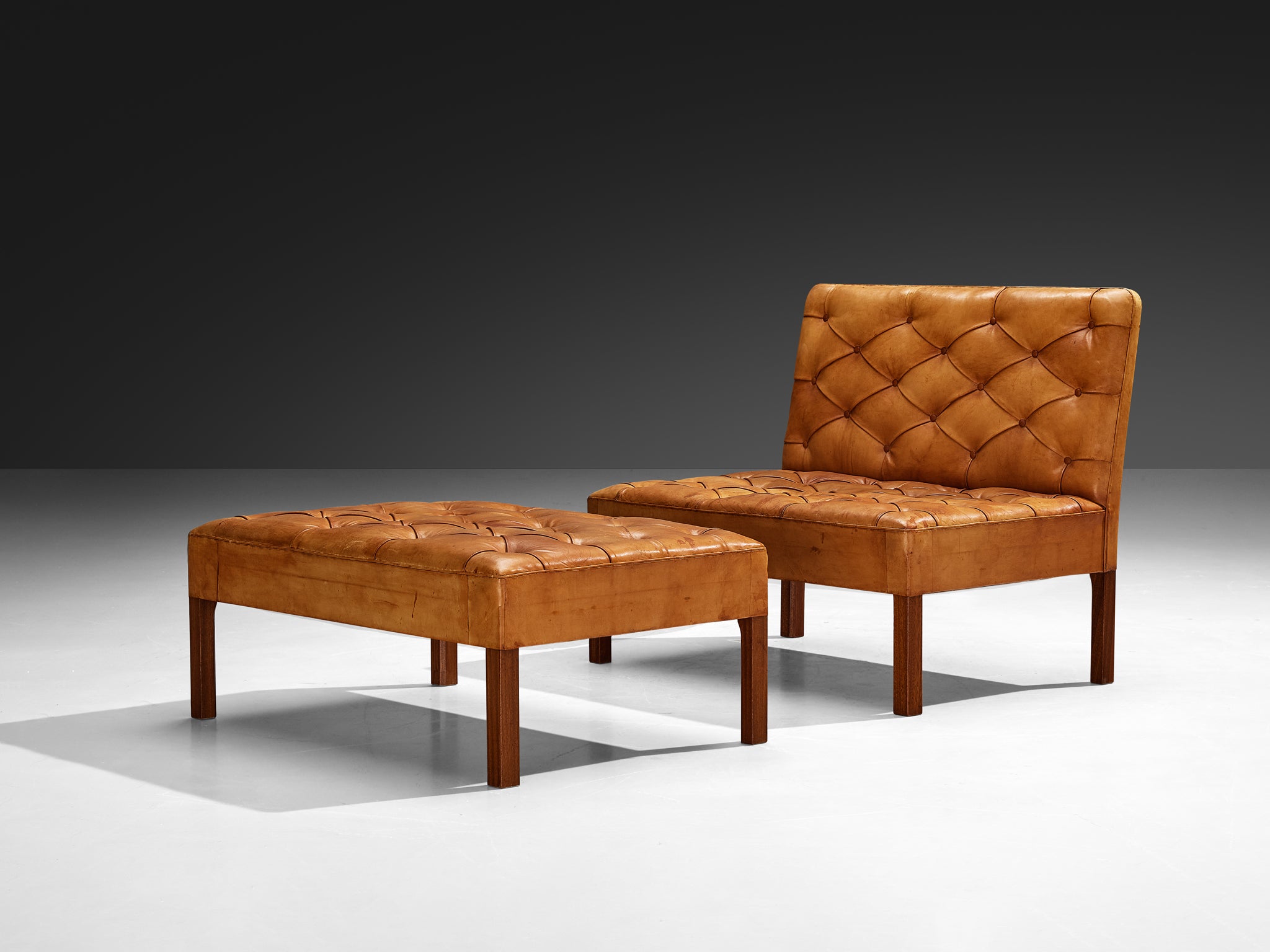 Kaare Klint for Rud. Rasmussens Snedkerier '4698' Sofa with Ottoman in Cognac Leather and Mahogany Seating Morentz
