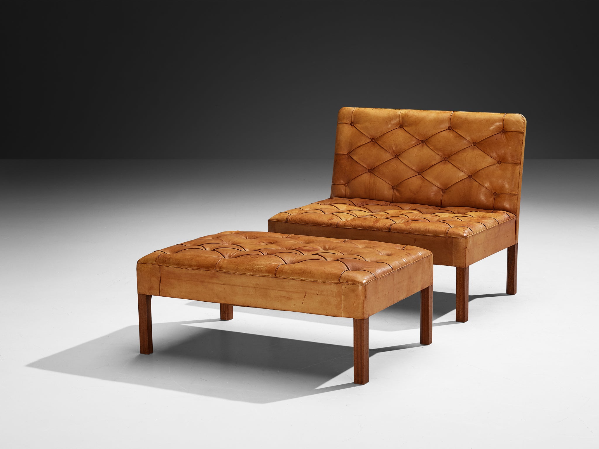 Kaare Klint for Rud. Rasmussens Snedkerier '4698' Sofa with Ottoman in Cognac Leather and Mahogany Seating Morentz