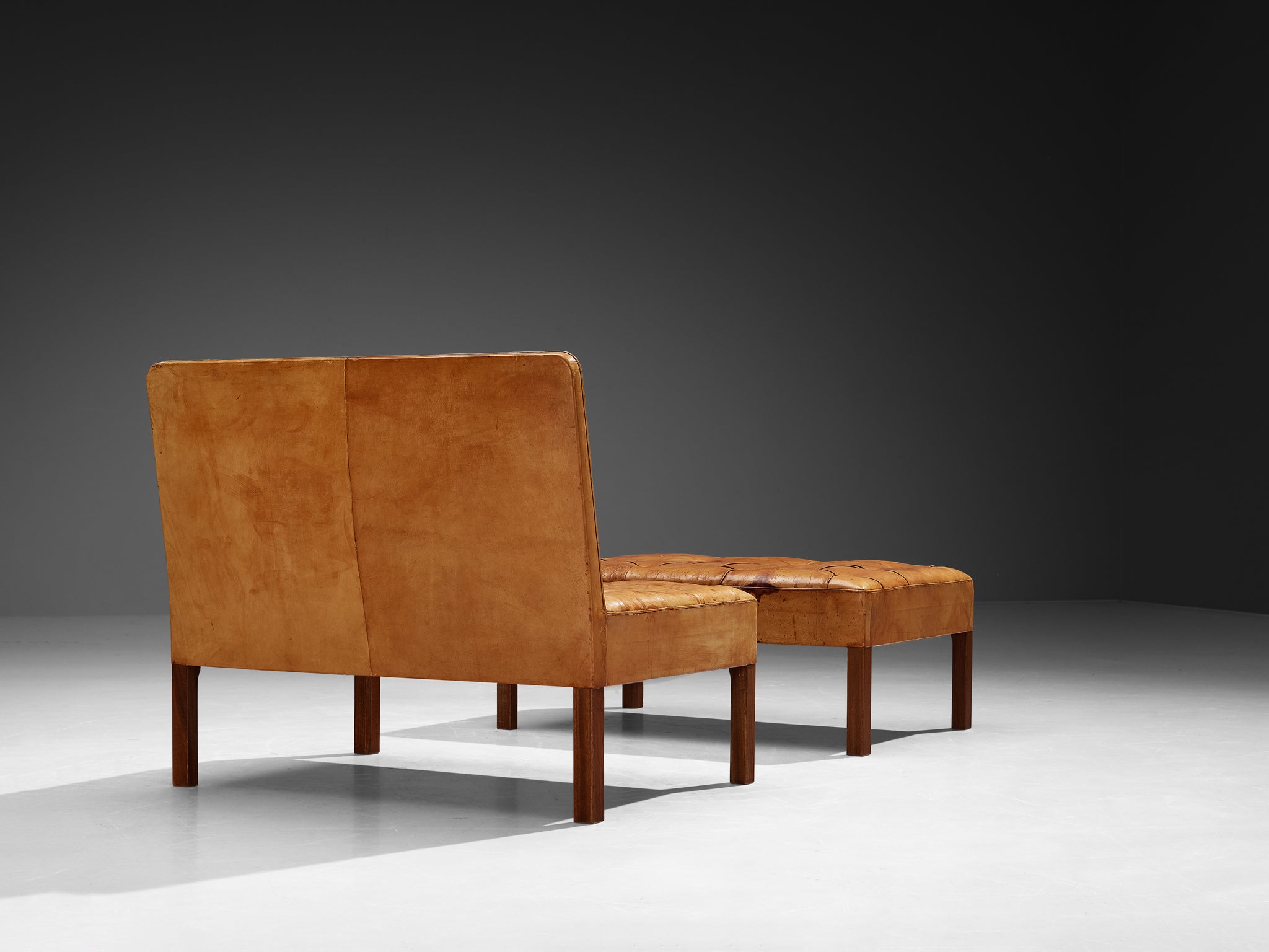 Kaare Klint for Rud. Rasmussens Snedkerier '4698' Sofa with Ottoman in Cognac Leather and Mahogany Seating Morentz