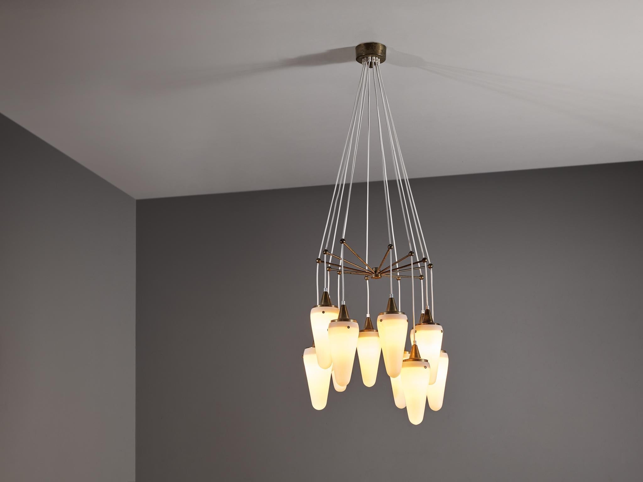 Hans-Agne Jakobsson Chandelier in Brass and White Opaque Glass