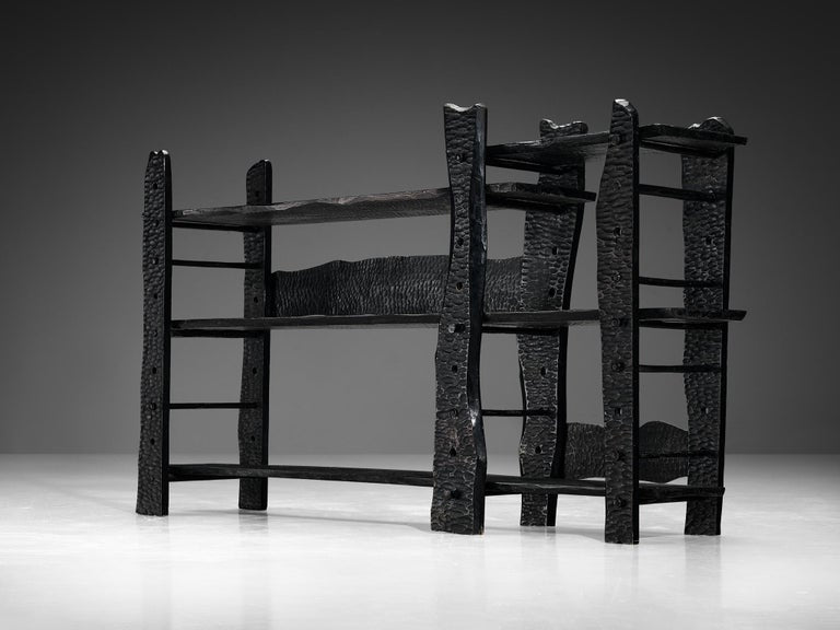 Sculptural Bookcase in Black Lacquered Wood with Decorative Carvings