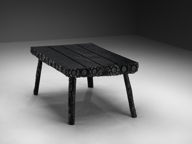 Sculptural Table in Black Lacquered Wood with Decorative Carvings