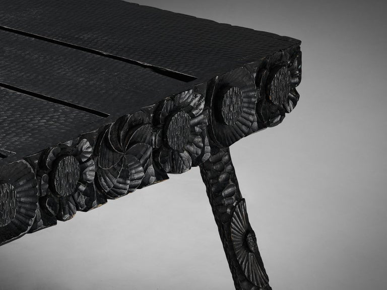 Sculptural Table in Black Lacquered Wood with Decorative Carvings