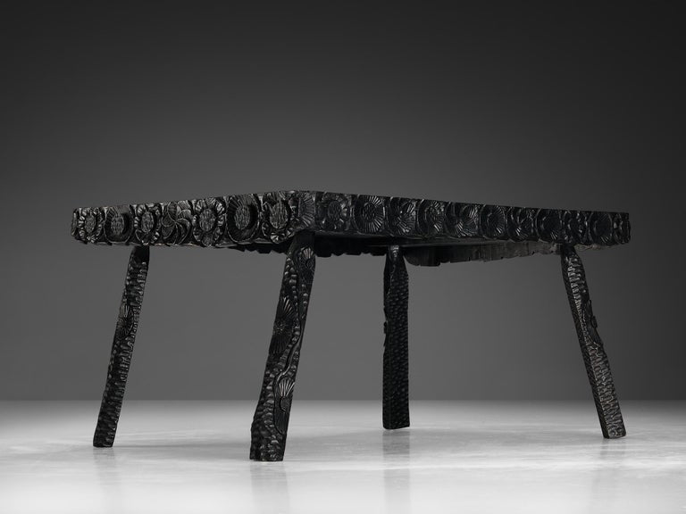 Sculptural Table in Black Lacquered Wood with Decorative Carvings
