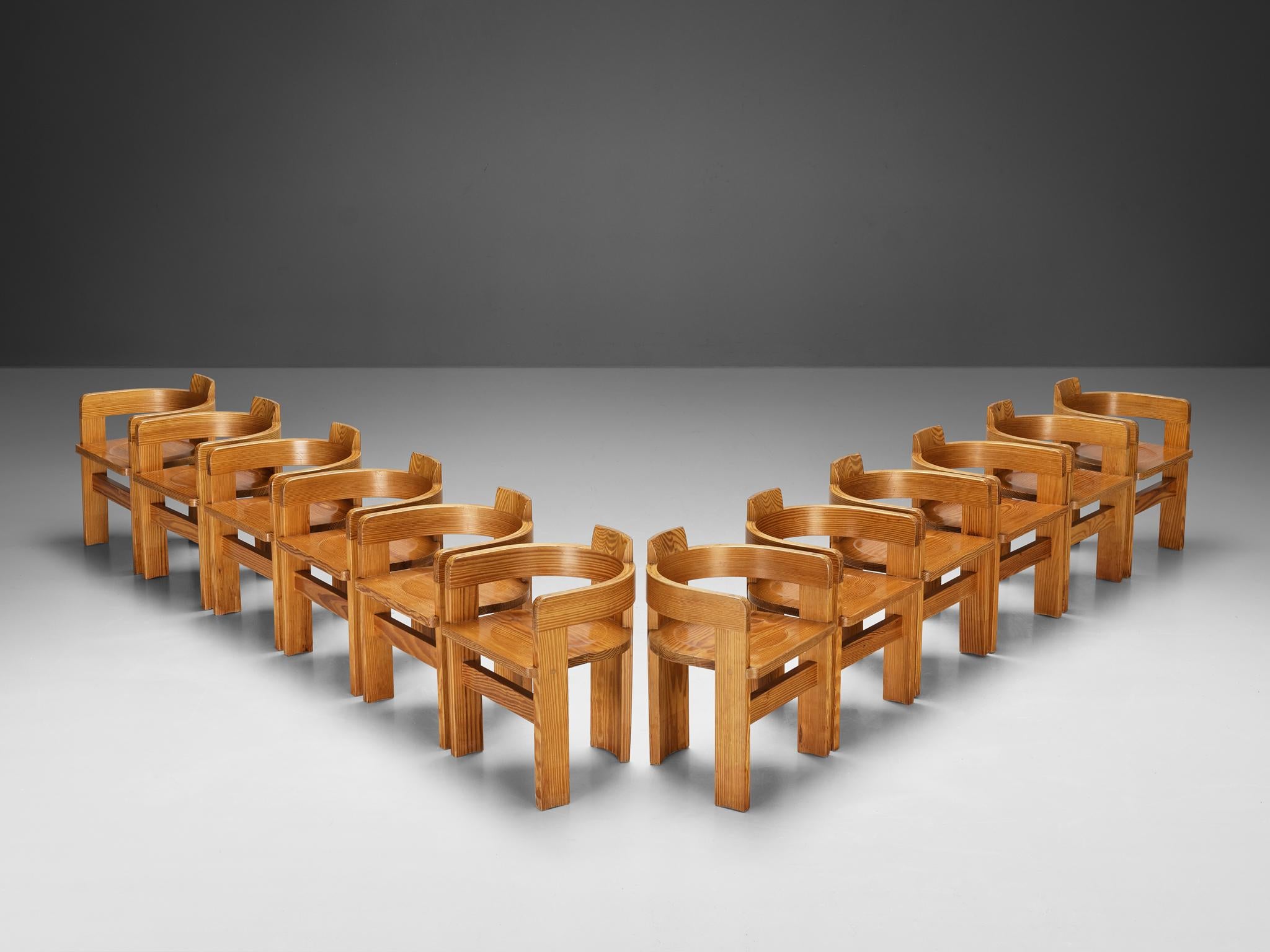 Set of Twelve Italian Architectural Armchairs in Cypress Wood seating Morentz