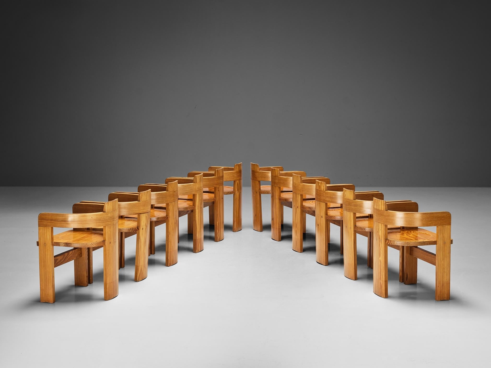 Set of Twelve Italian Architectural Armchairs in Cypress Wood seating Morentz