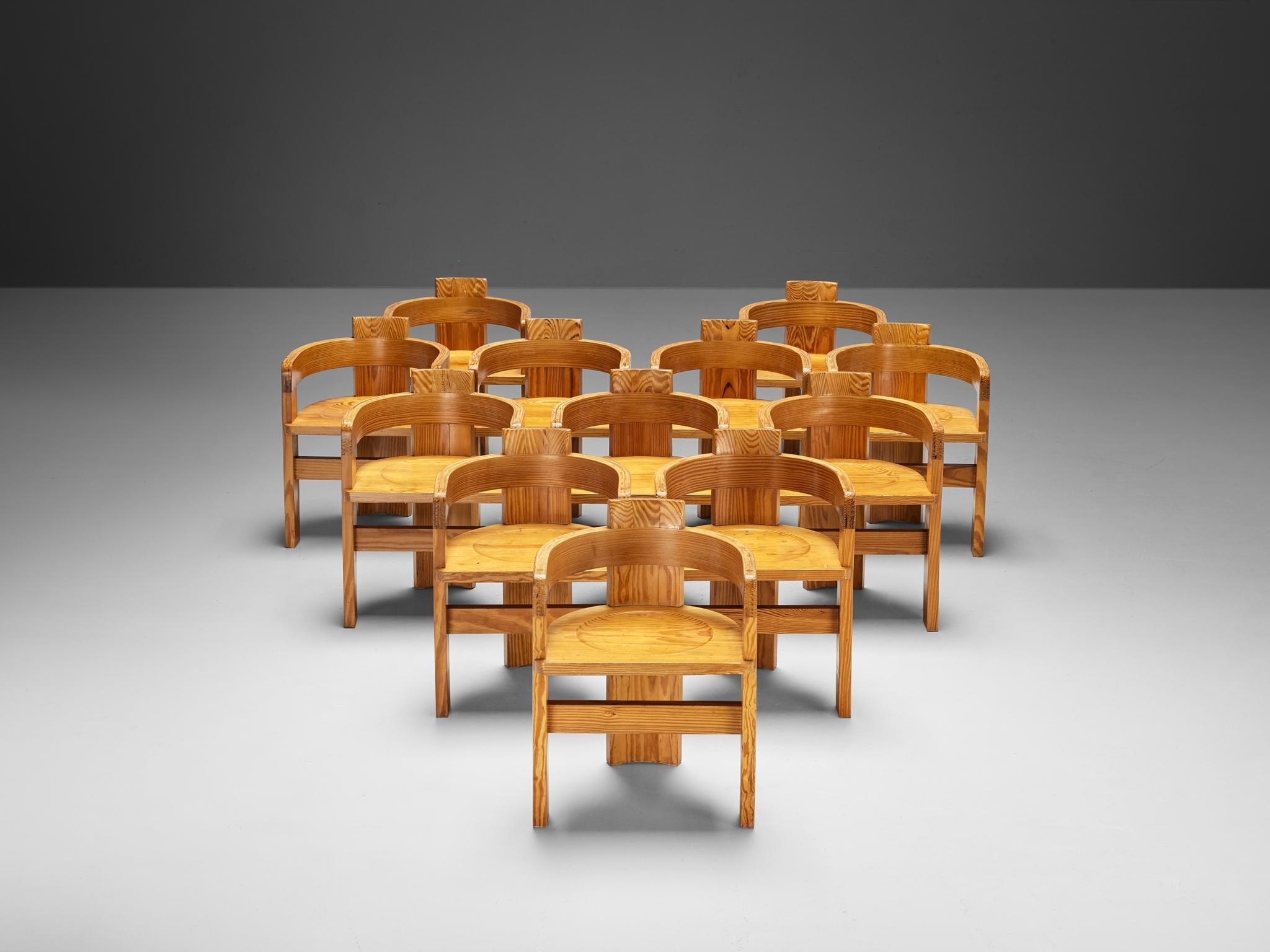 Set of Twelve Italian Architectural Armchairs in Cypress Wood seating Morentz