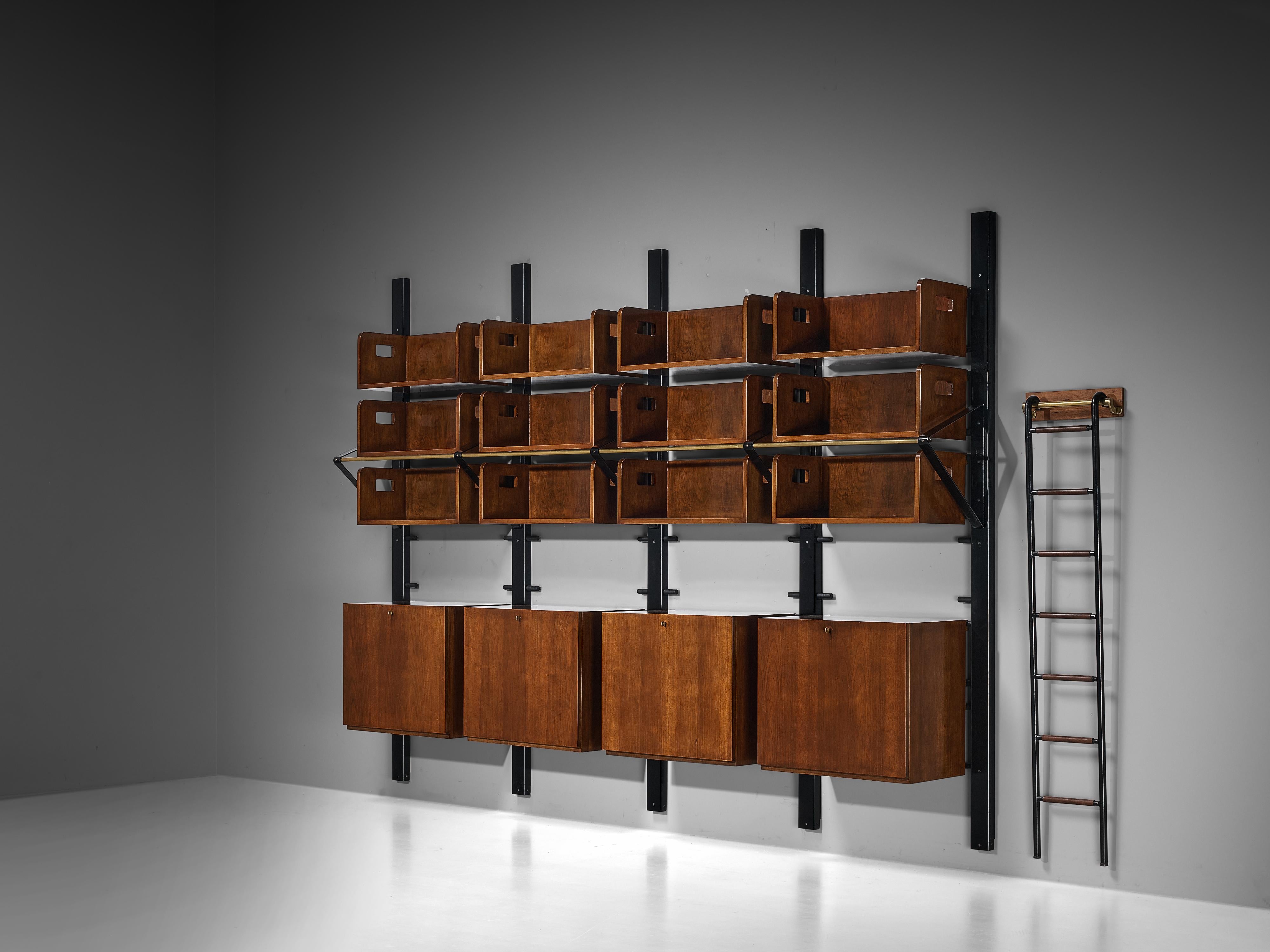 Italian Custom Wall Unit Bookcase with Ladder in Walnut and Iron