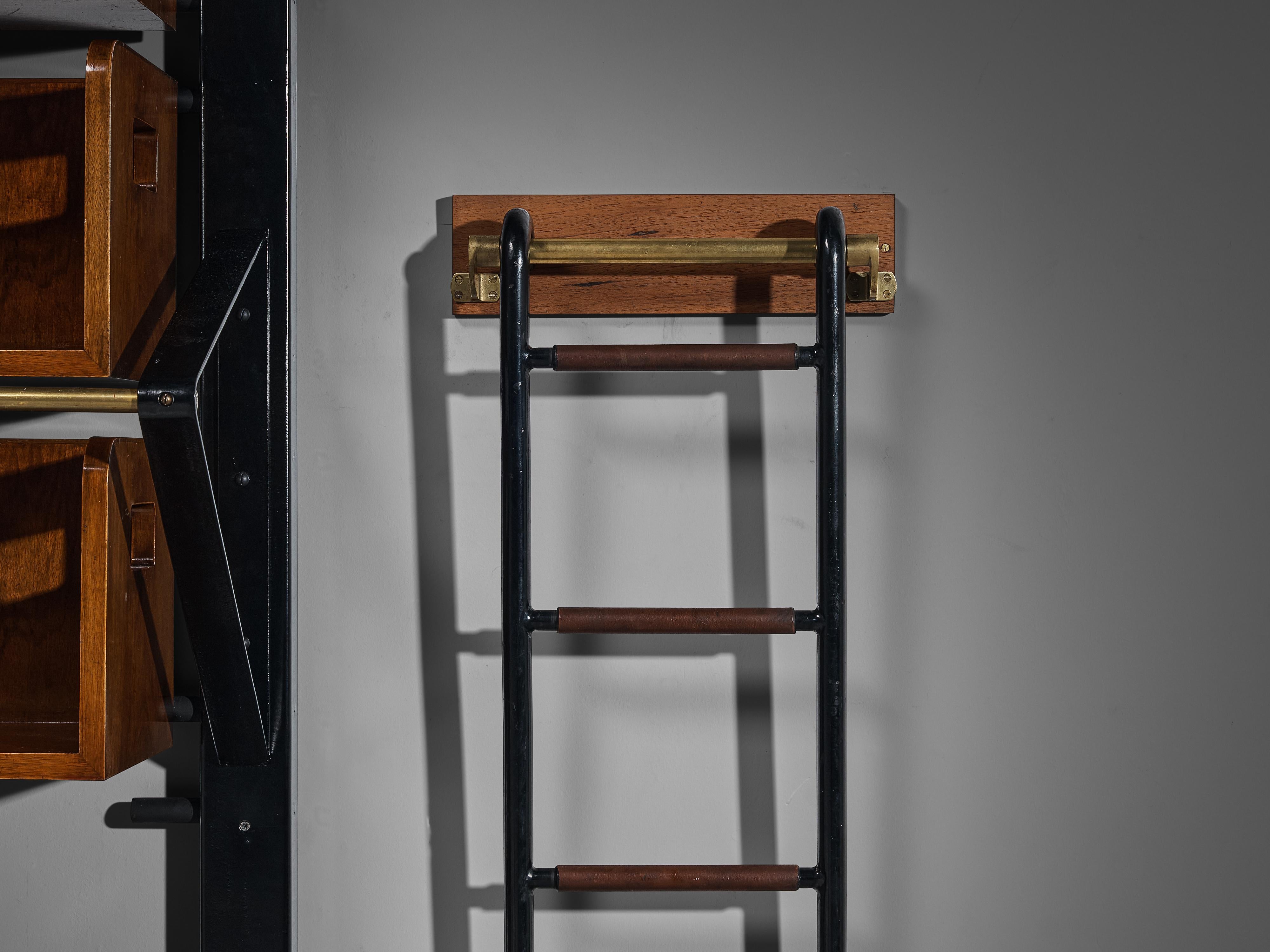 Italian Custom Wall Unit Bookcase with Ladder in Walnut and Iron