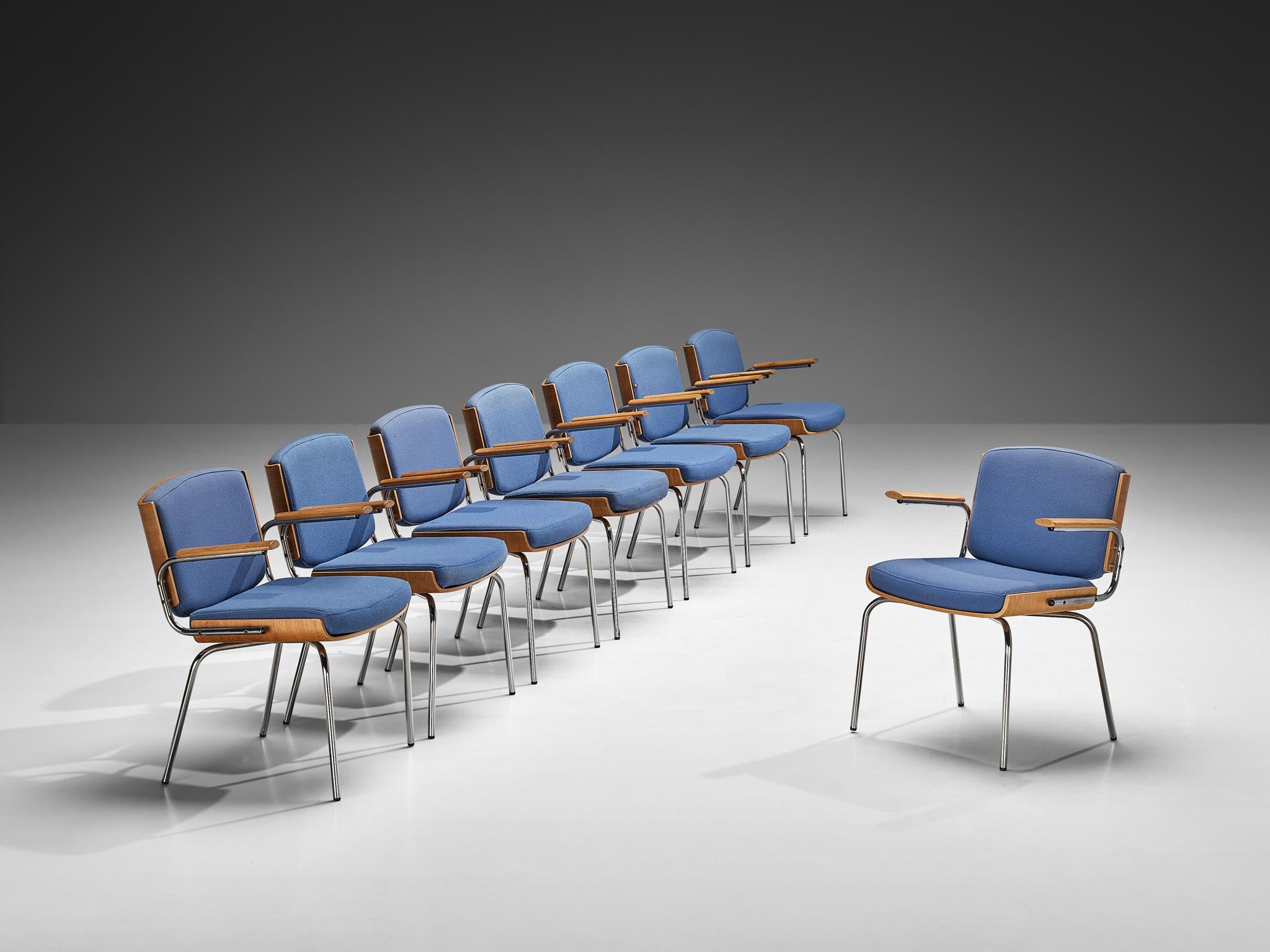 Danish Set of Eight Armchairs in Oak and Chrome with Blue Upholstery