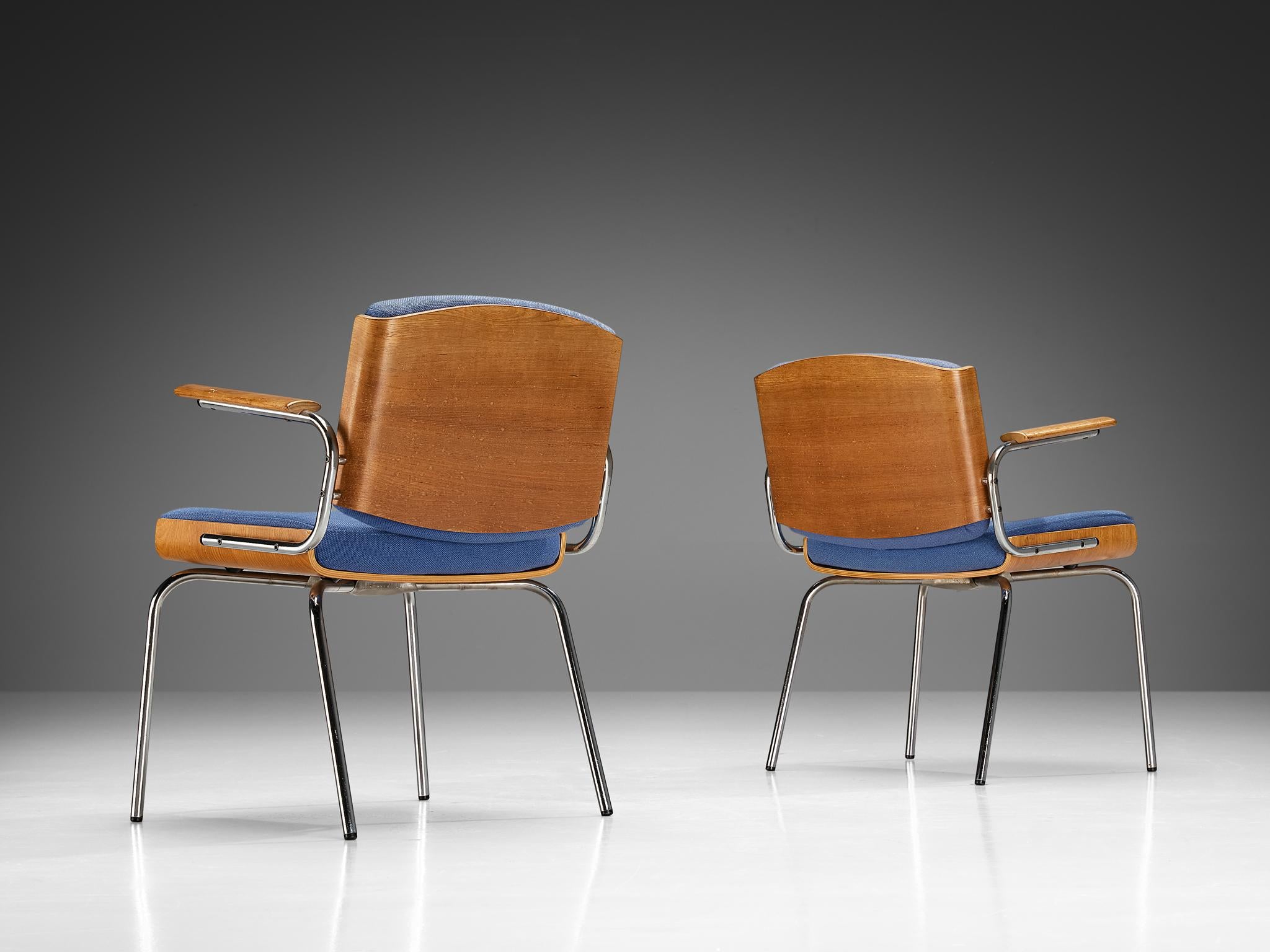 Danish Set of Eight Armchairs in Oak and Chrome with Blue Upholstery