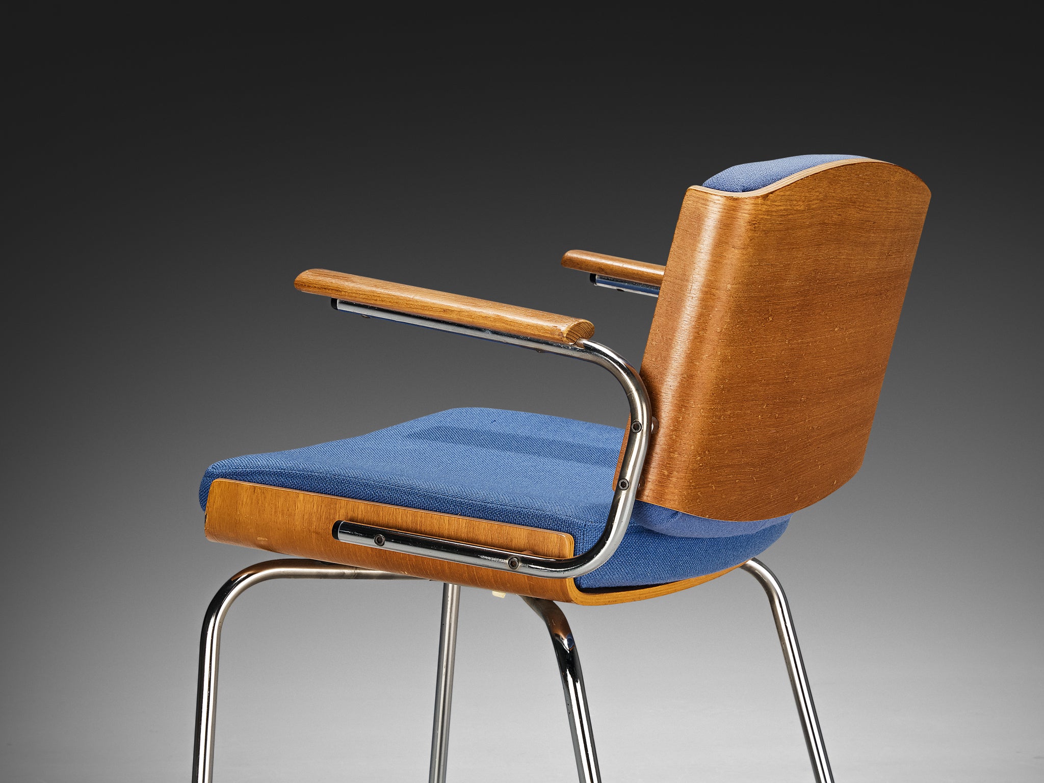 Danish Pair of Armchairs in Oak and Chrome with Blue Upholstery Seating Morentz