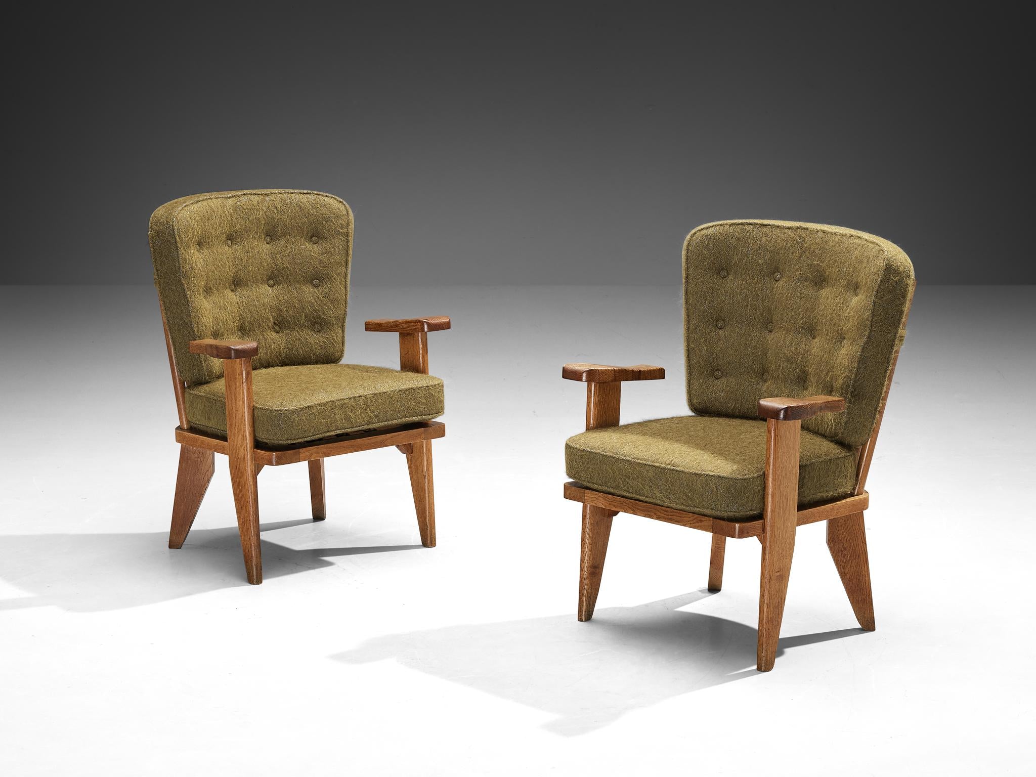 Guillerme & Chambron Pair of 'Catherine' Lounge Chairs in Oak and Wool