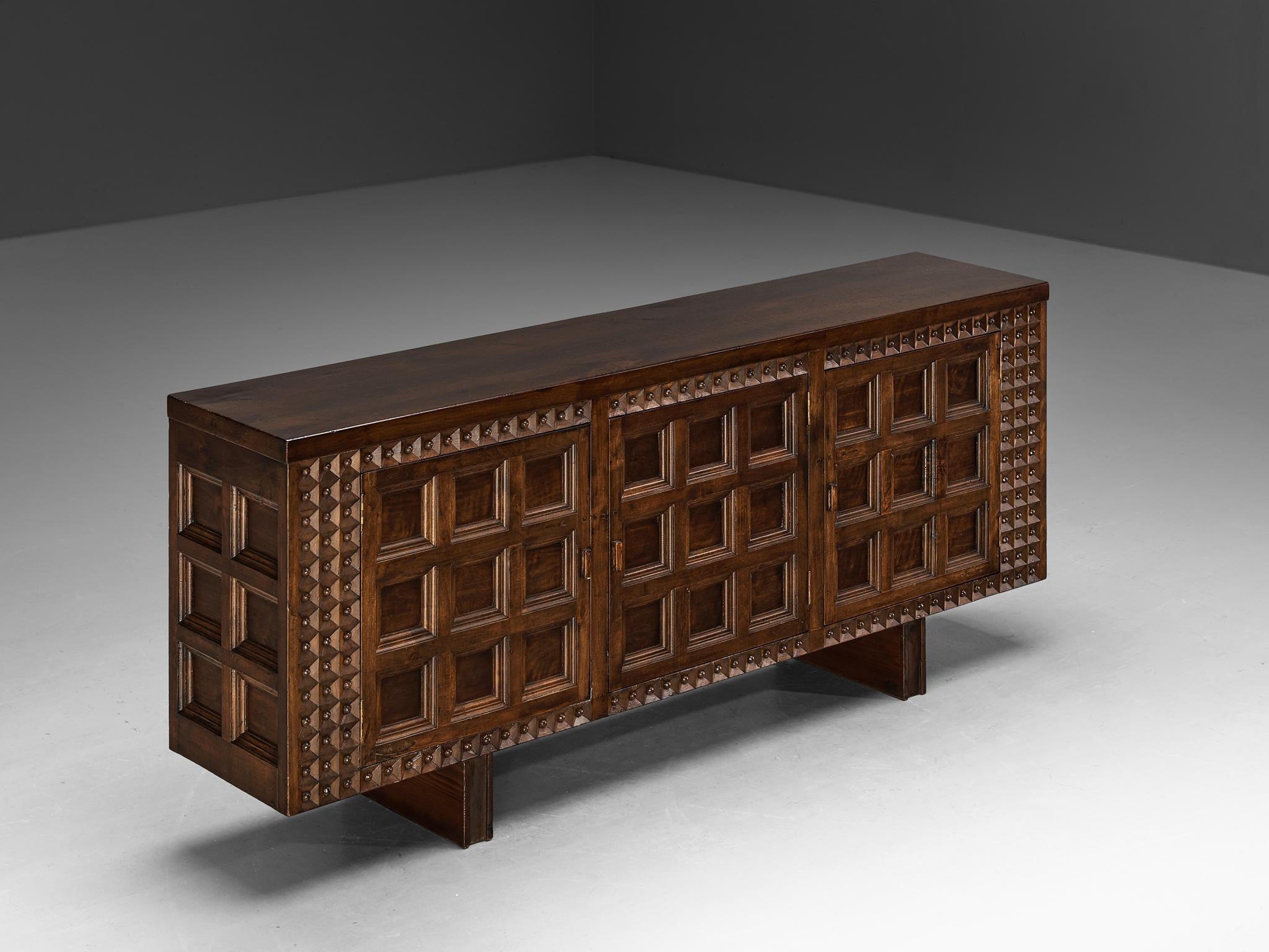 Spanish Brutalist Sideboard with Sophisticated Carvings in Maple