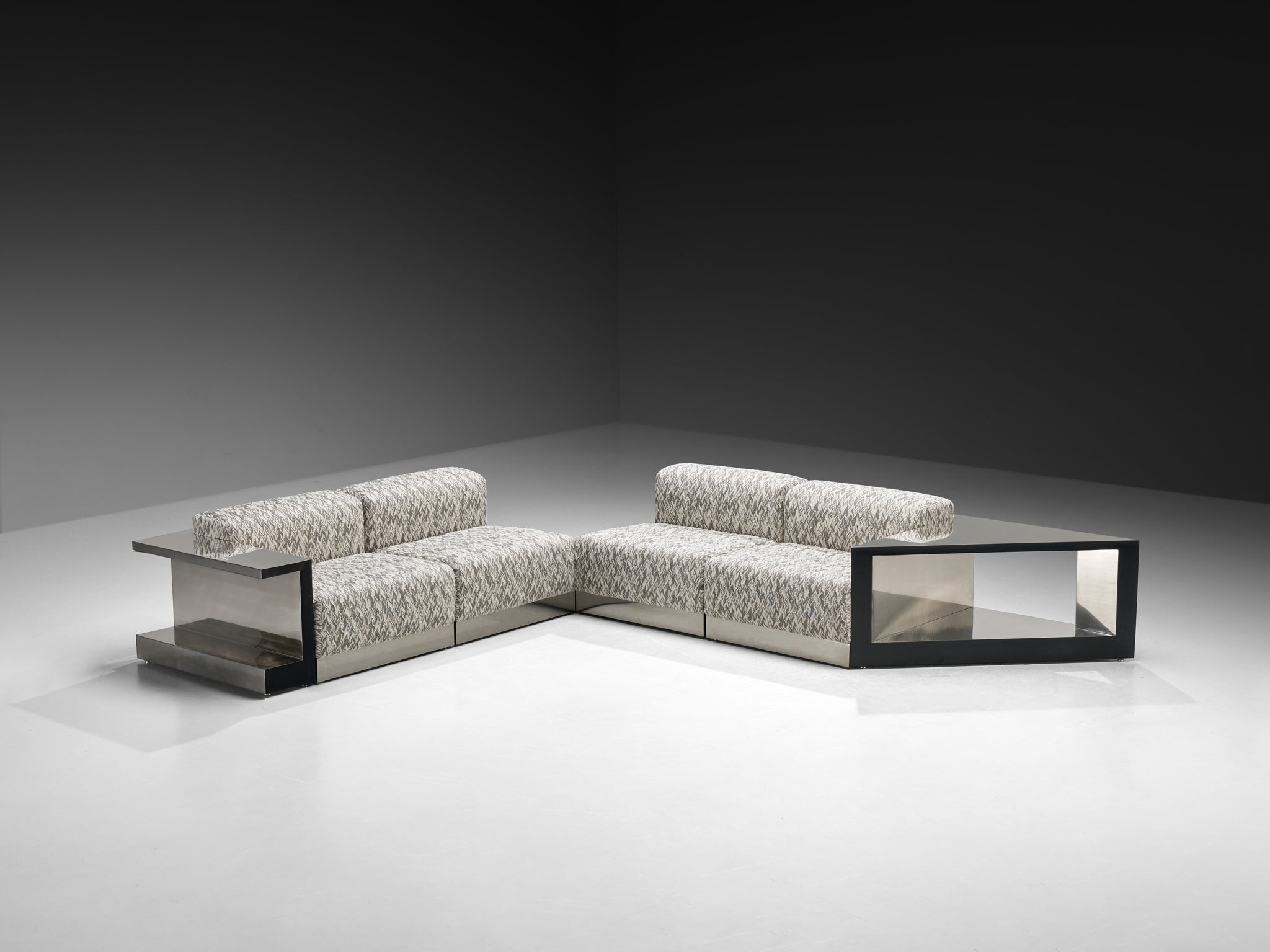 Italian Modular Sofa in Metal and Patterned Grey Fabric Seating Morentz