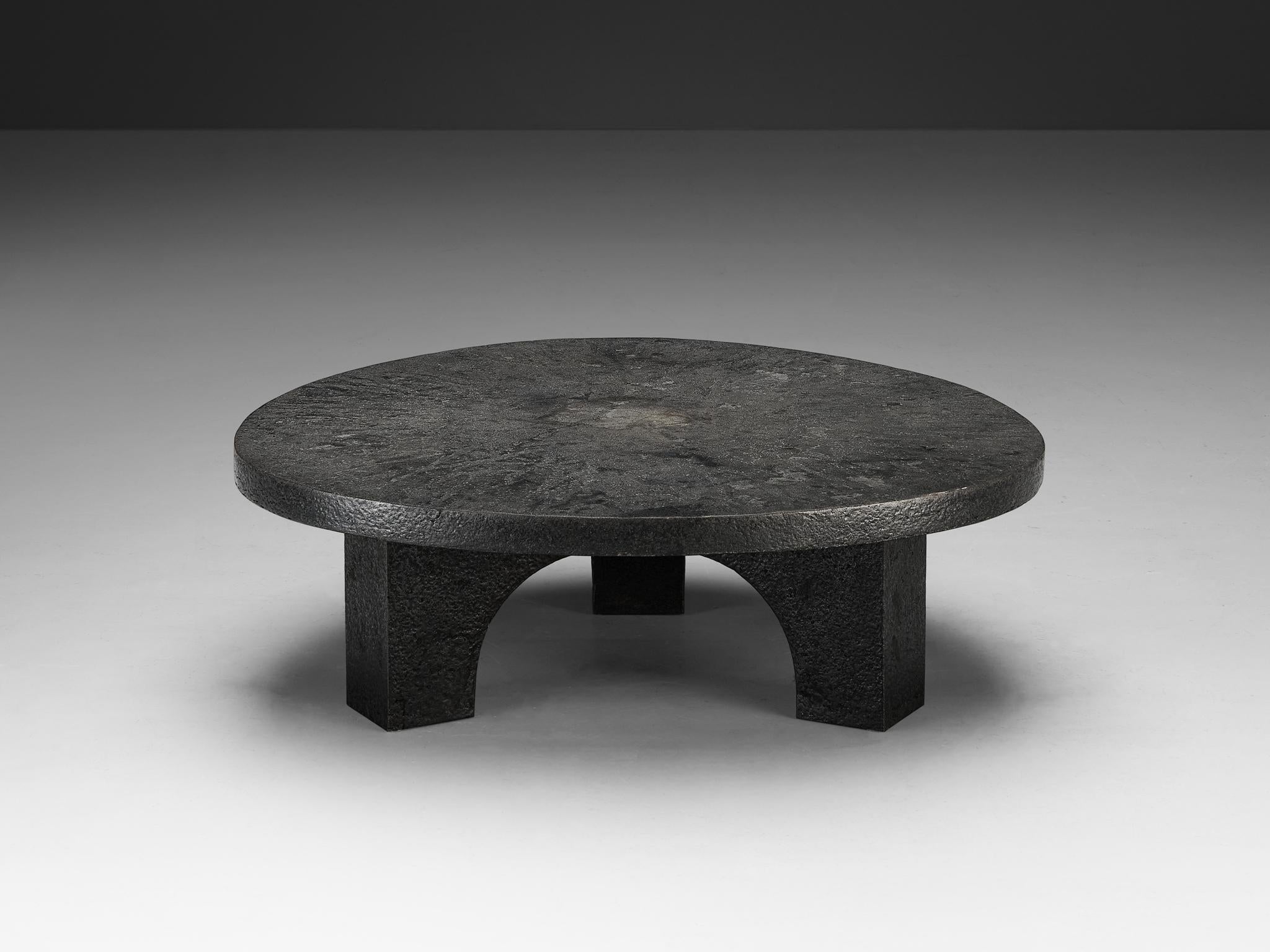 Brutalist Round Coffee Table in Dark Grey Stone Look