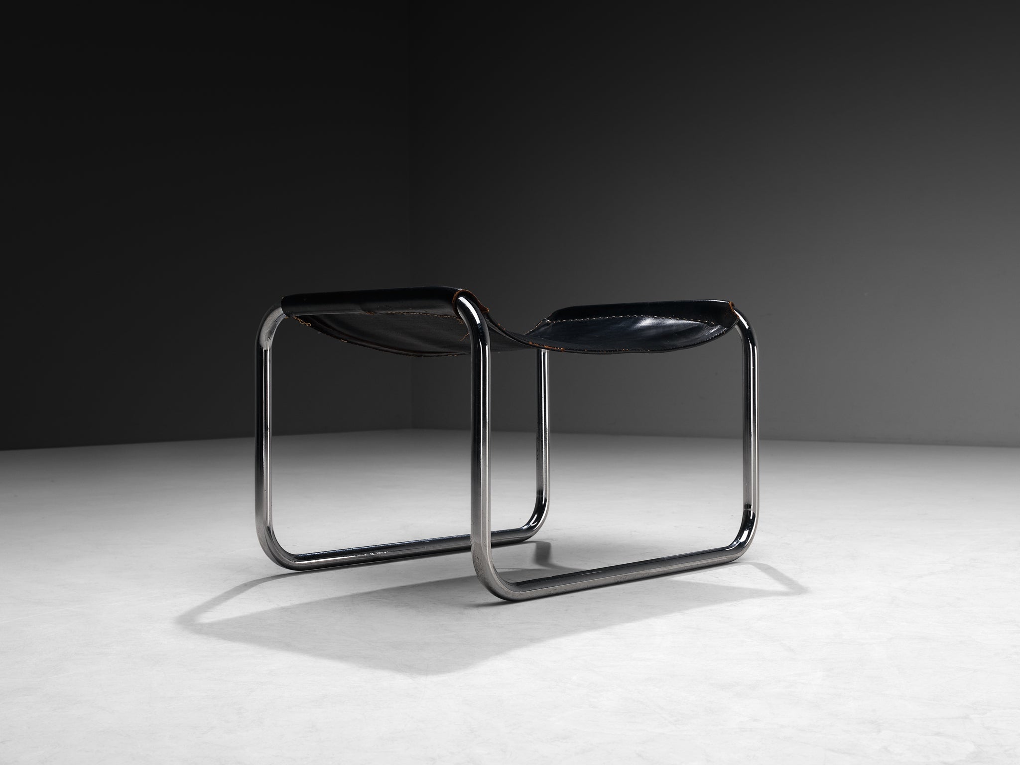 Ottoman in Black Saddle Leather and Chromed Metal Seating Morentz
