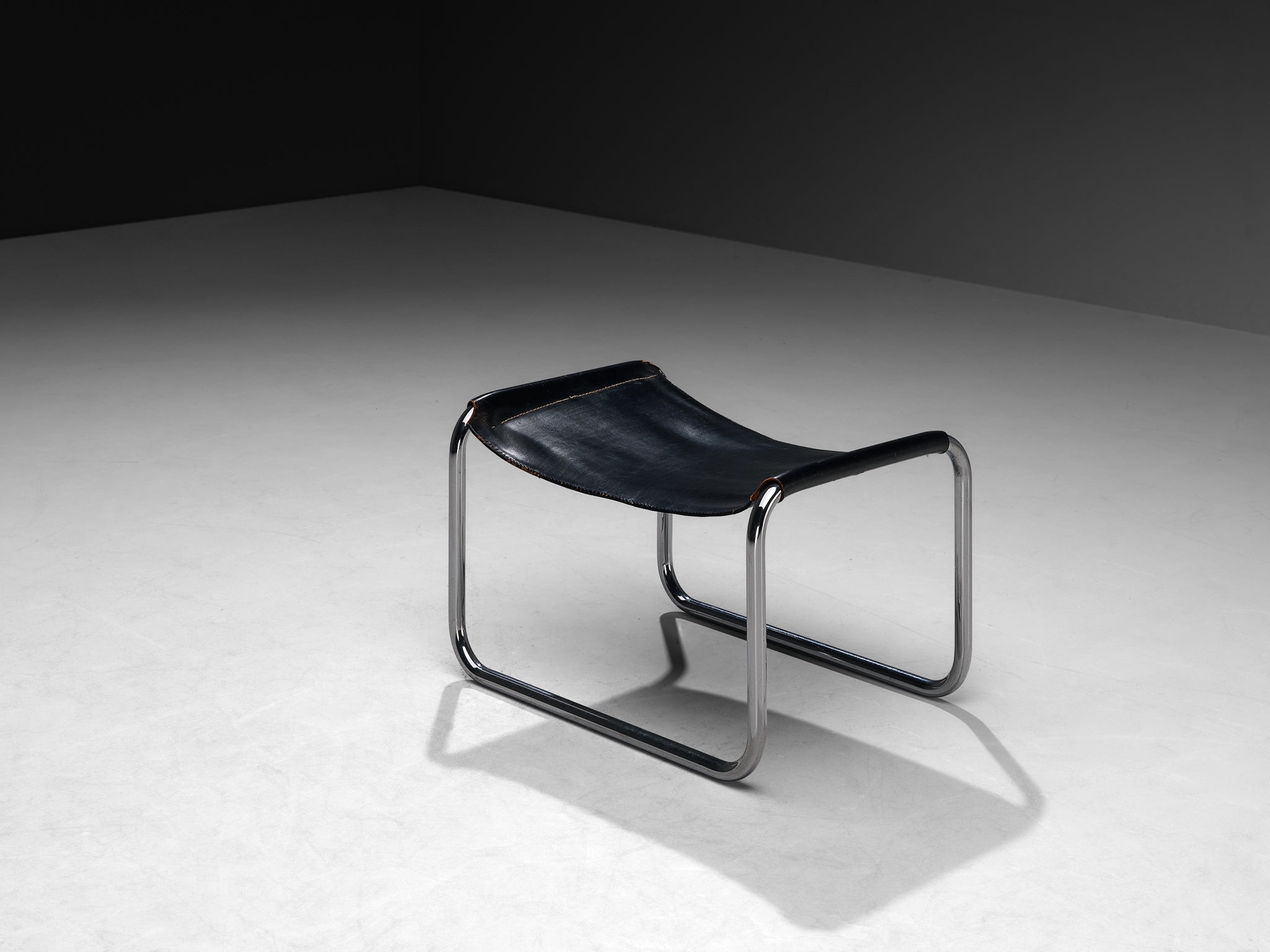 Ottoman in Black Saddle Leather and Chromed Metal Seating Morentz