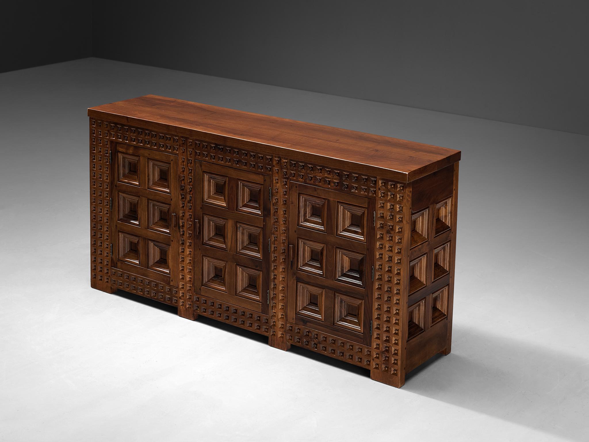 Spanish Brutalist Sideboard with Sophisticated Carvings in Walnut