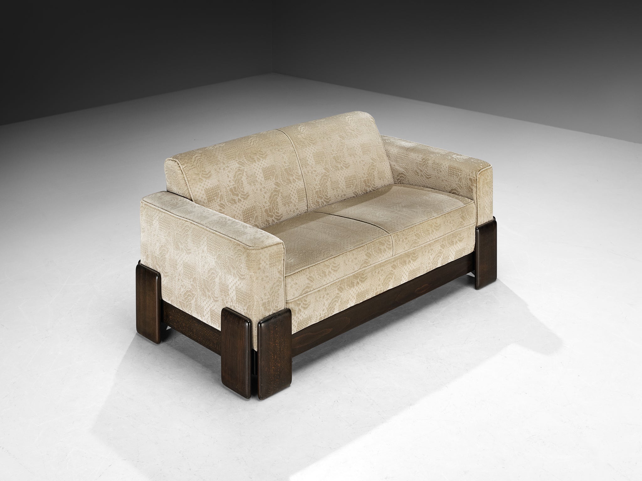 Post-Modern Italian Two Seat Sofa in Wood and Creme Colored Velvet Upholstery Seating Morentz