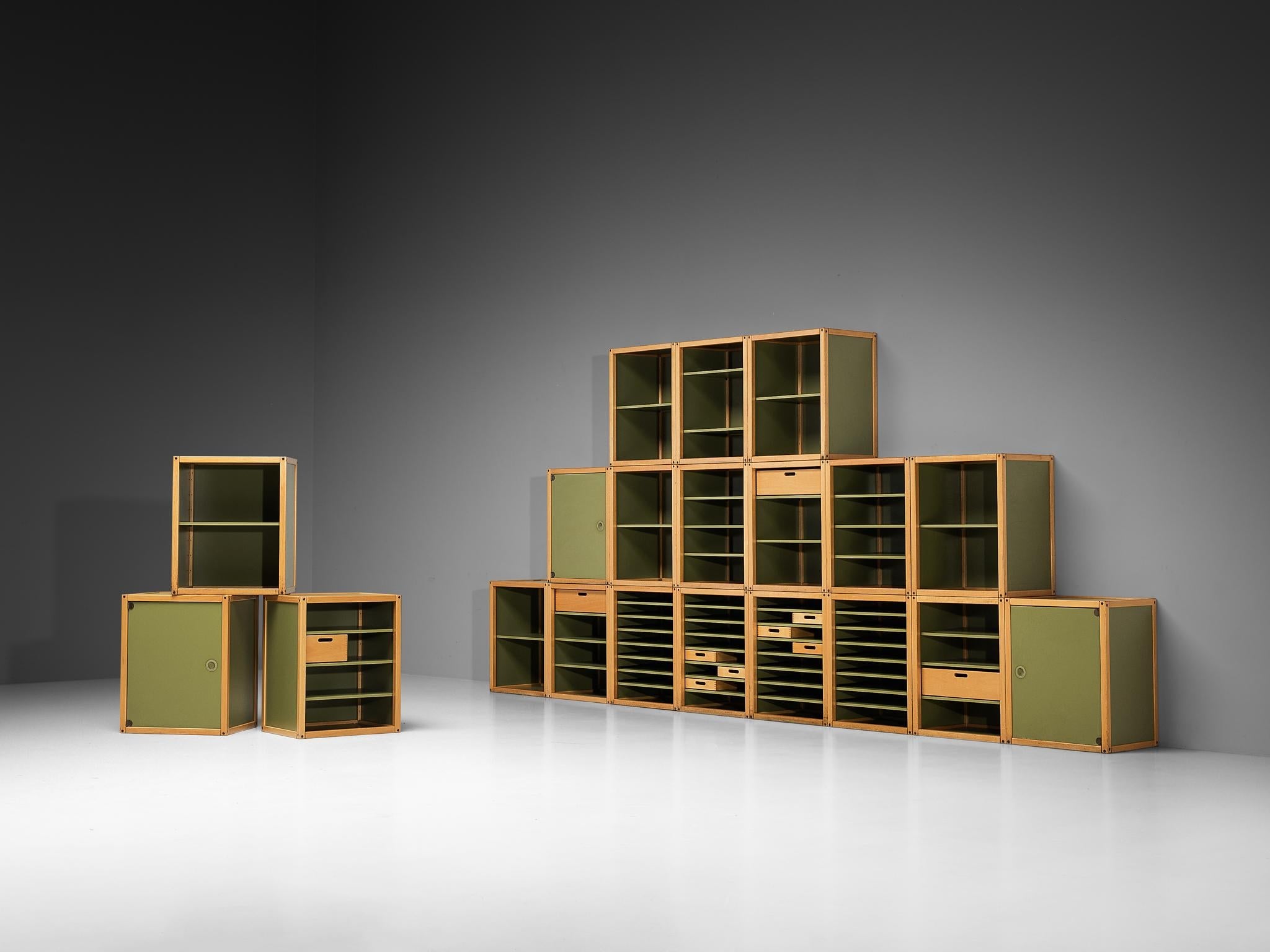 Modular 'Profilsystem' Wall Unit with Diverse Storage Compartments in Green case pieces and storage cabinets Morentz