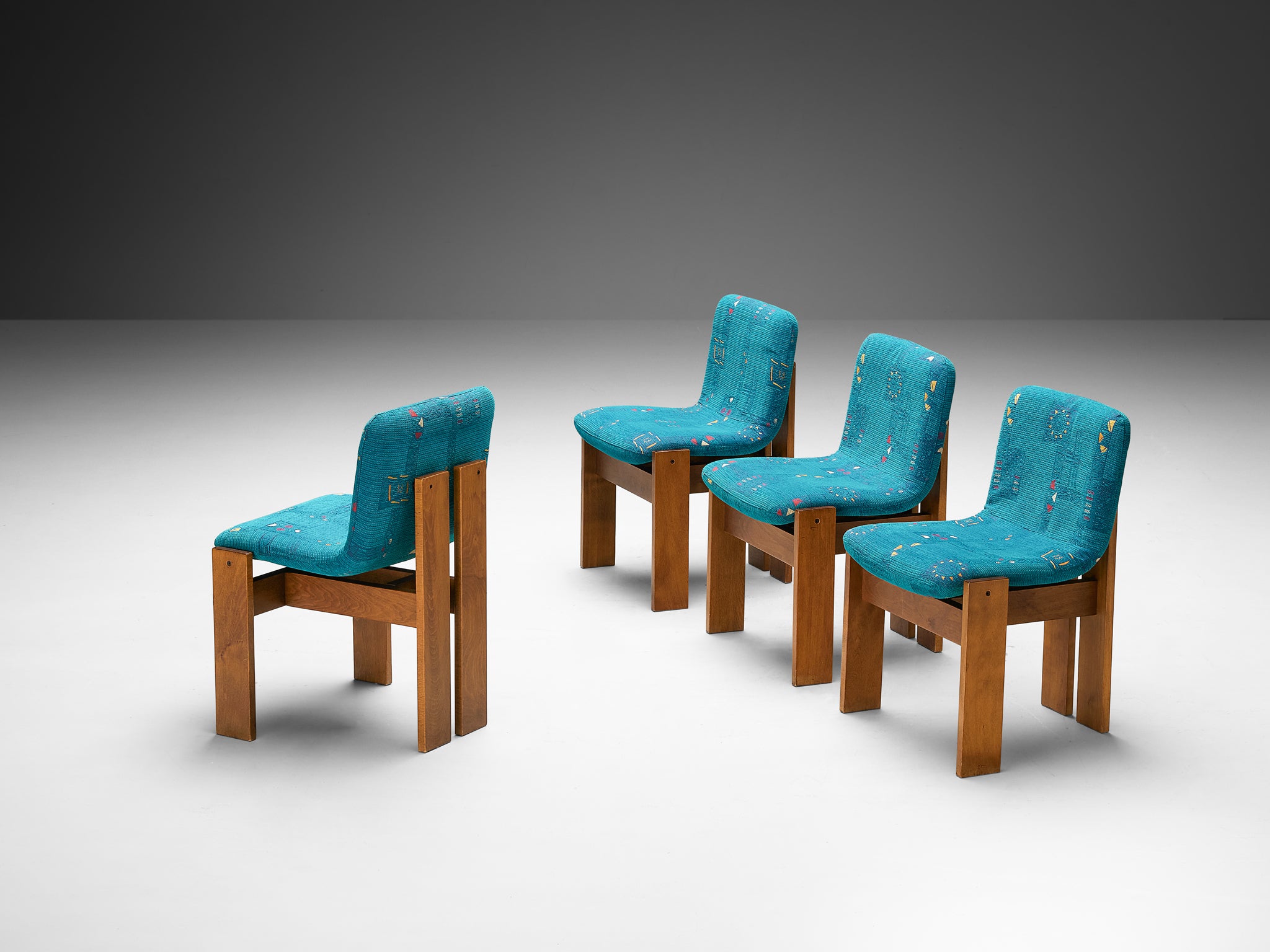 Set of Four Italian Dining Chairs in Wood and Turquoise Upholstery