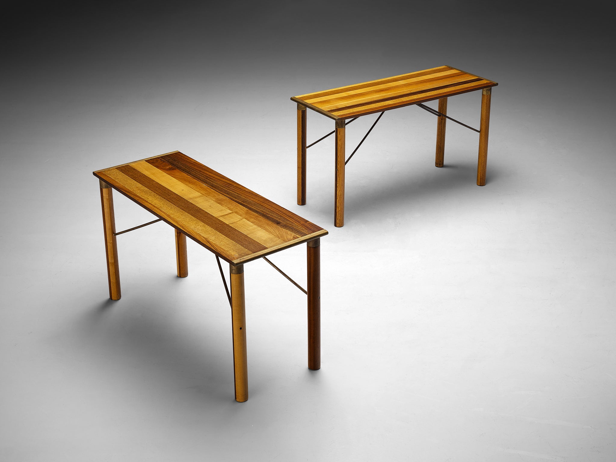 Afra & Tobia Scarpa 'Benetton' Consoles in Mixed Wood and Brass tables Morentz