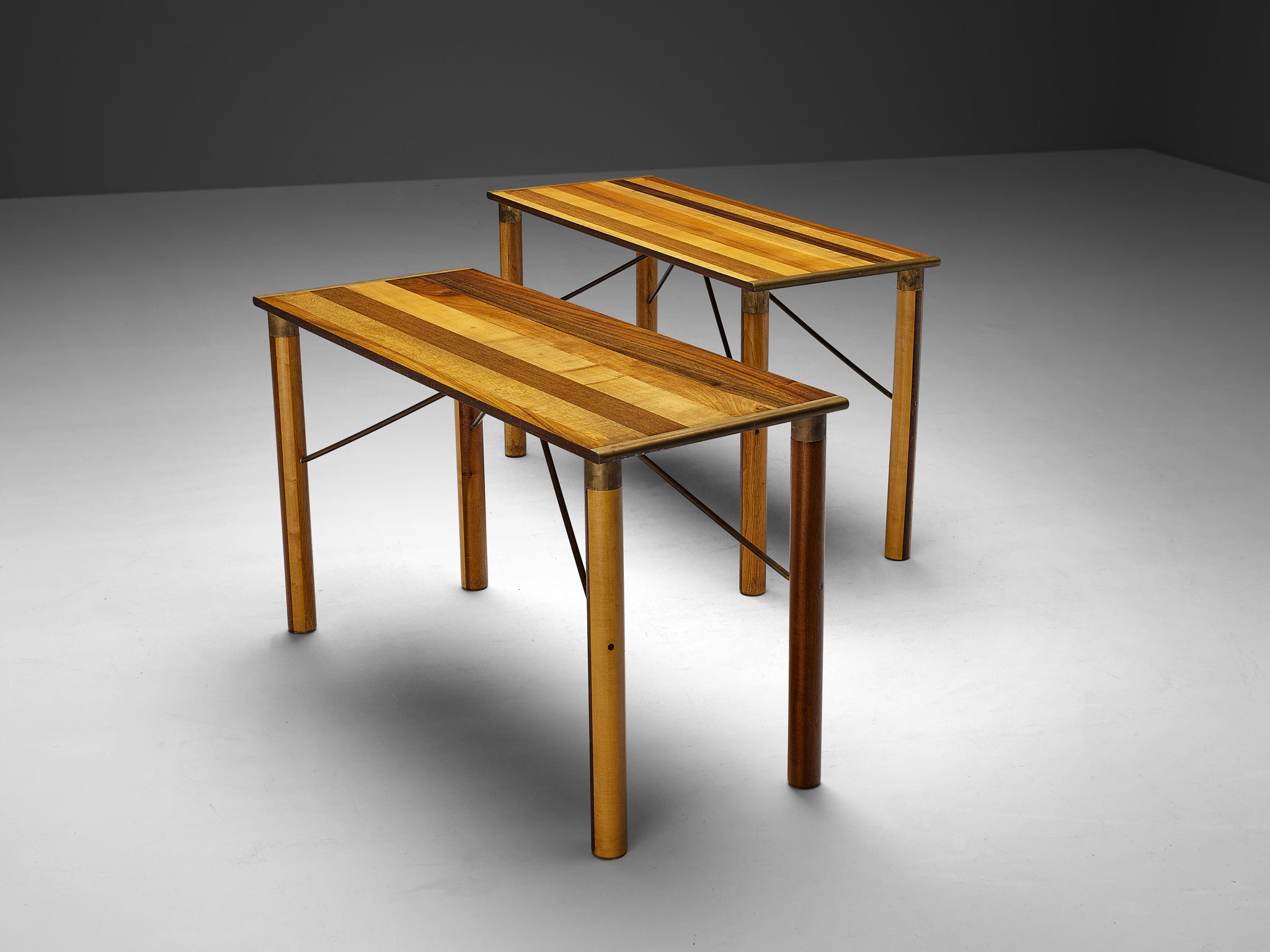 Afra & Tobia Scarpa 'Benetton' Consoles in Mixed Wood and Brass tables Morentz