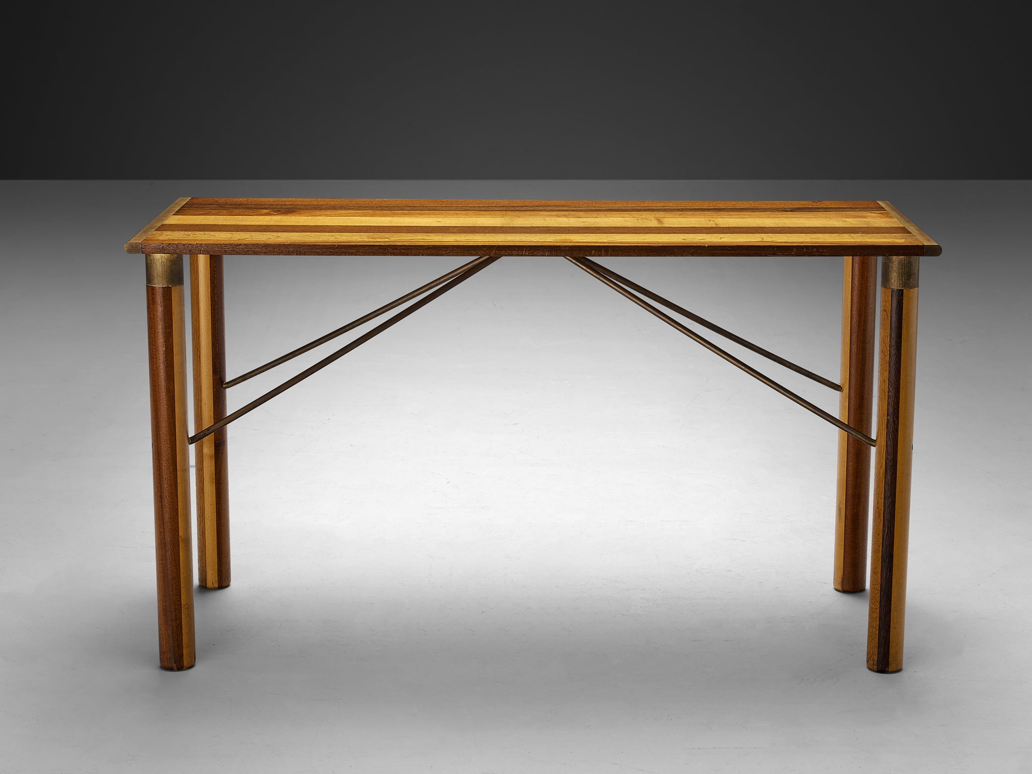 Afra & Tobia Scarpa 'Benetton' Consoles in Mixed Wood and Brass tables Morentz