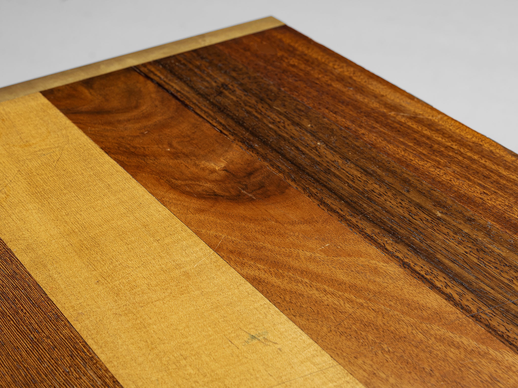 Afra & Tobia Scarpa 'Benetton' Consoles in Mixed Wood and Brass tables Morentz