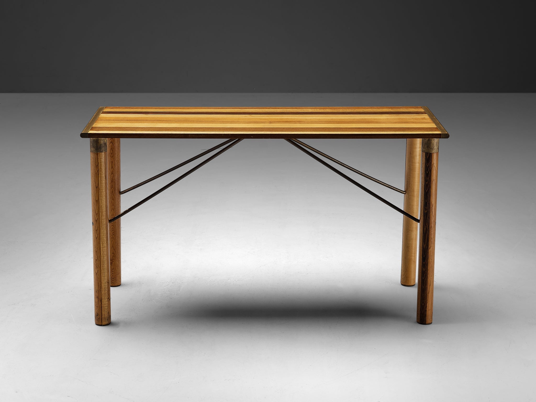 Afra & Tobia Scarpa 'Benetton' Consoles in Mixed Wood and Brass tables Morentz