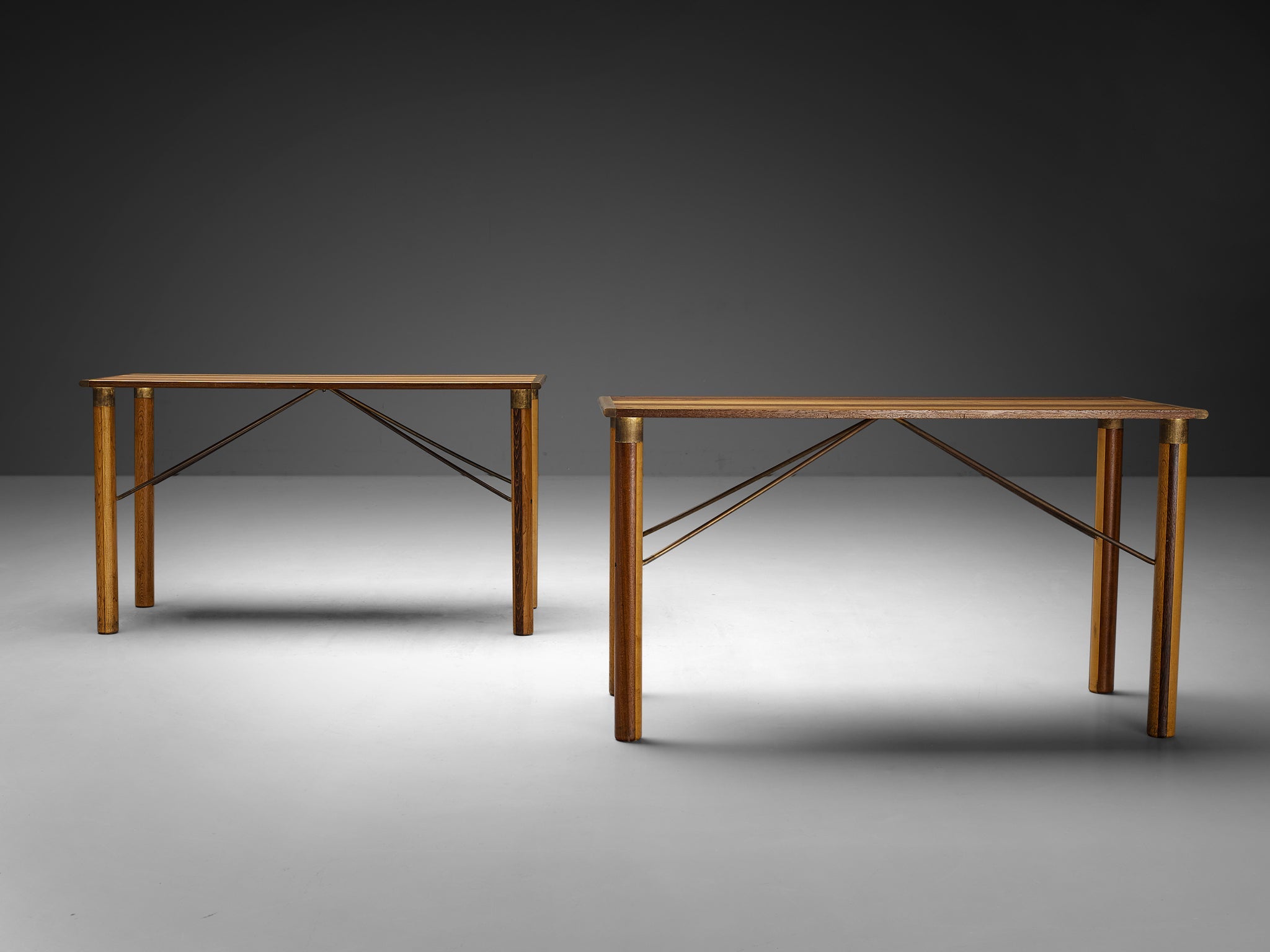 Afra & Tobia Scarpa 'Benetton' Consoles in Mixed Wood and Brass tables Morentz