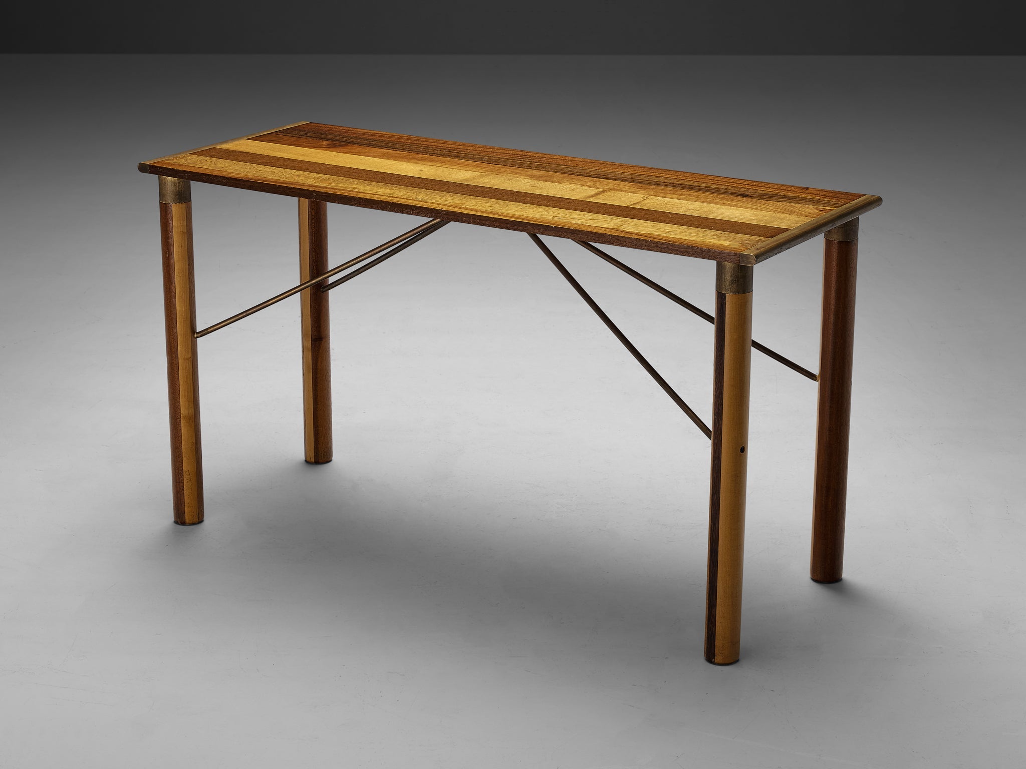 Afra & Tobia Scarpa 'Benetton' Consoles in Mixed Wood and Brass tables Morentz