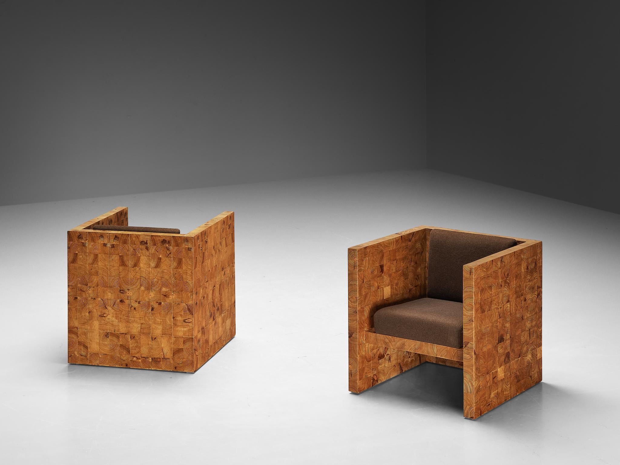 Pair of Lounge Chairs with End-Grain Wooden Frames in Pine