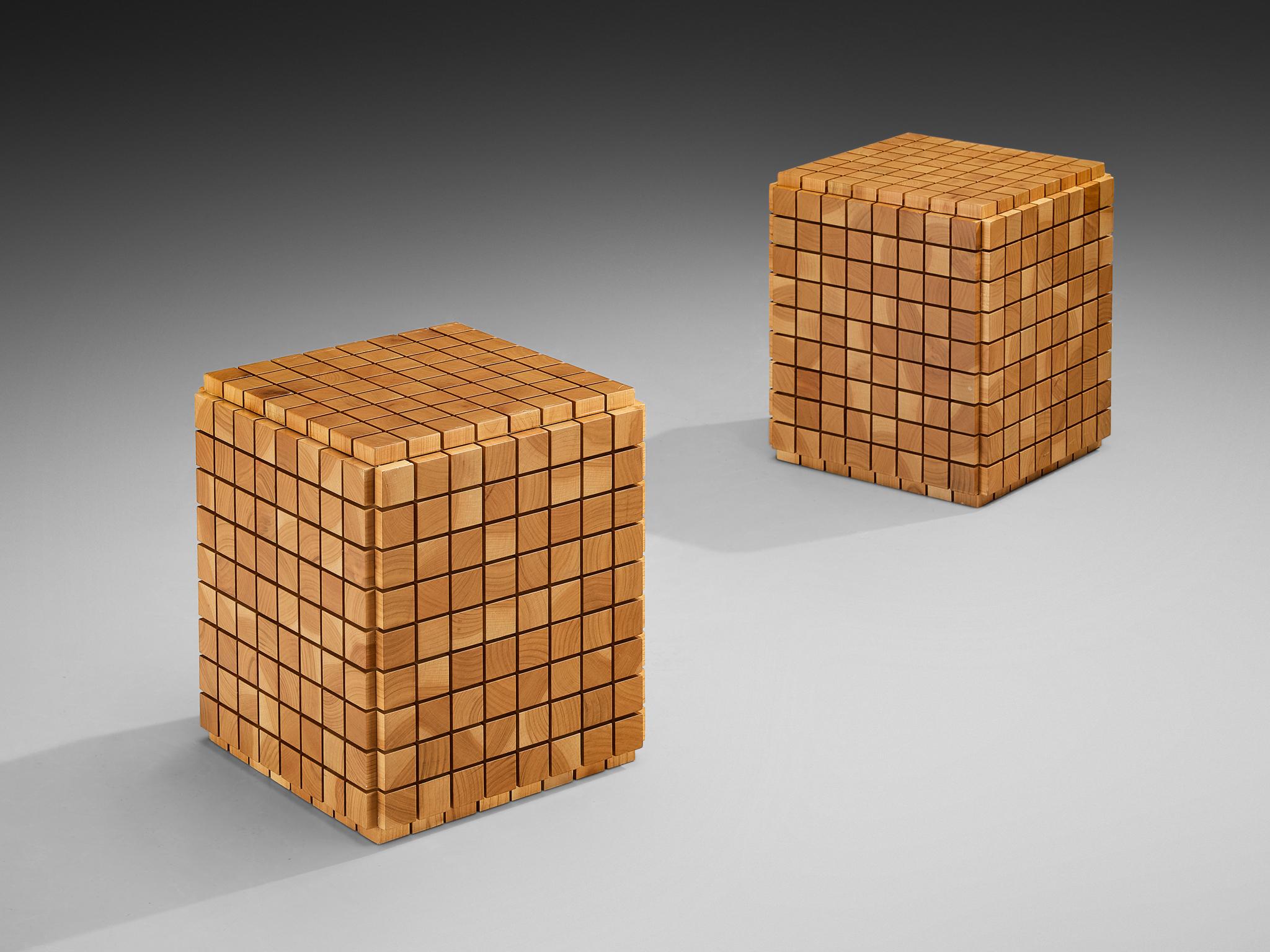 Cubic Pair of Side Tables With Geometric Grid in Cherry