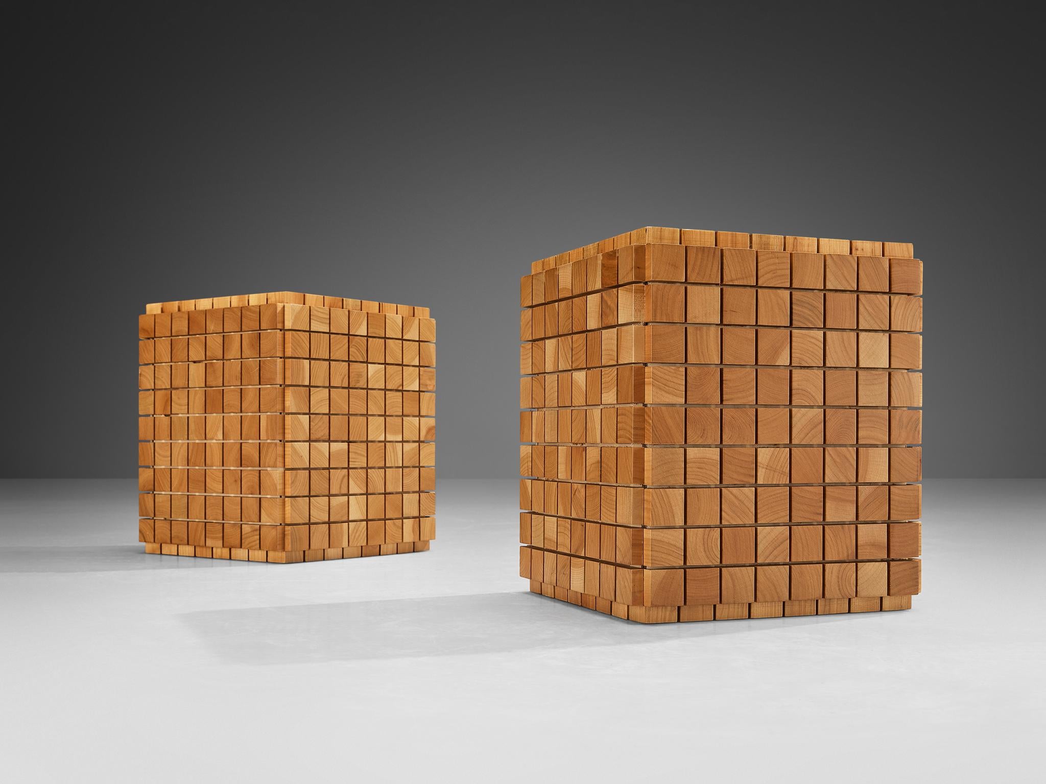 Cubic Pair of Side Tables With Geometric Grid in Cherry