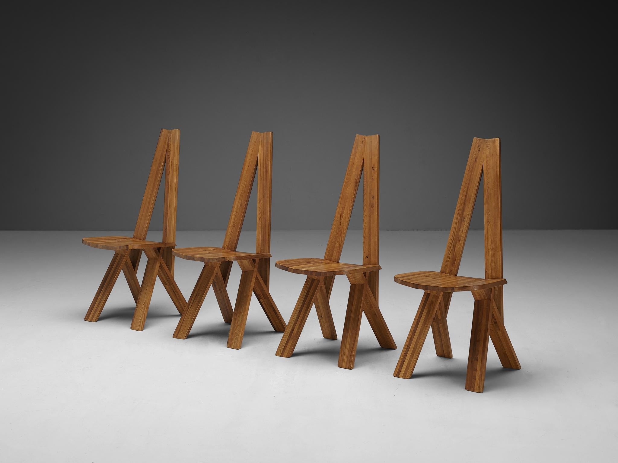 Early Pierre Chapo Set of Four 'S45' Dining Chairs in Solid Elm