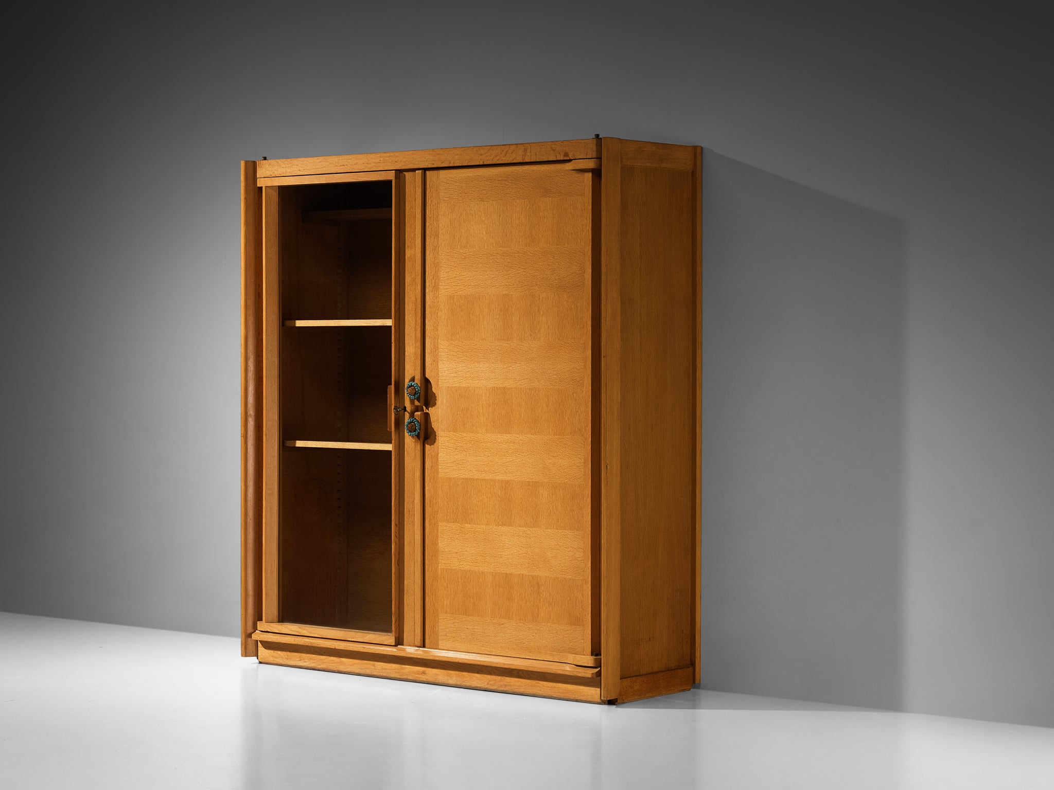 Guillerme & Chambron Highboard in Oak Glass and Ceramic Handles