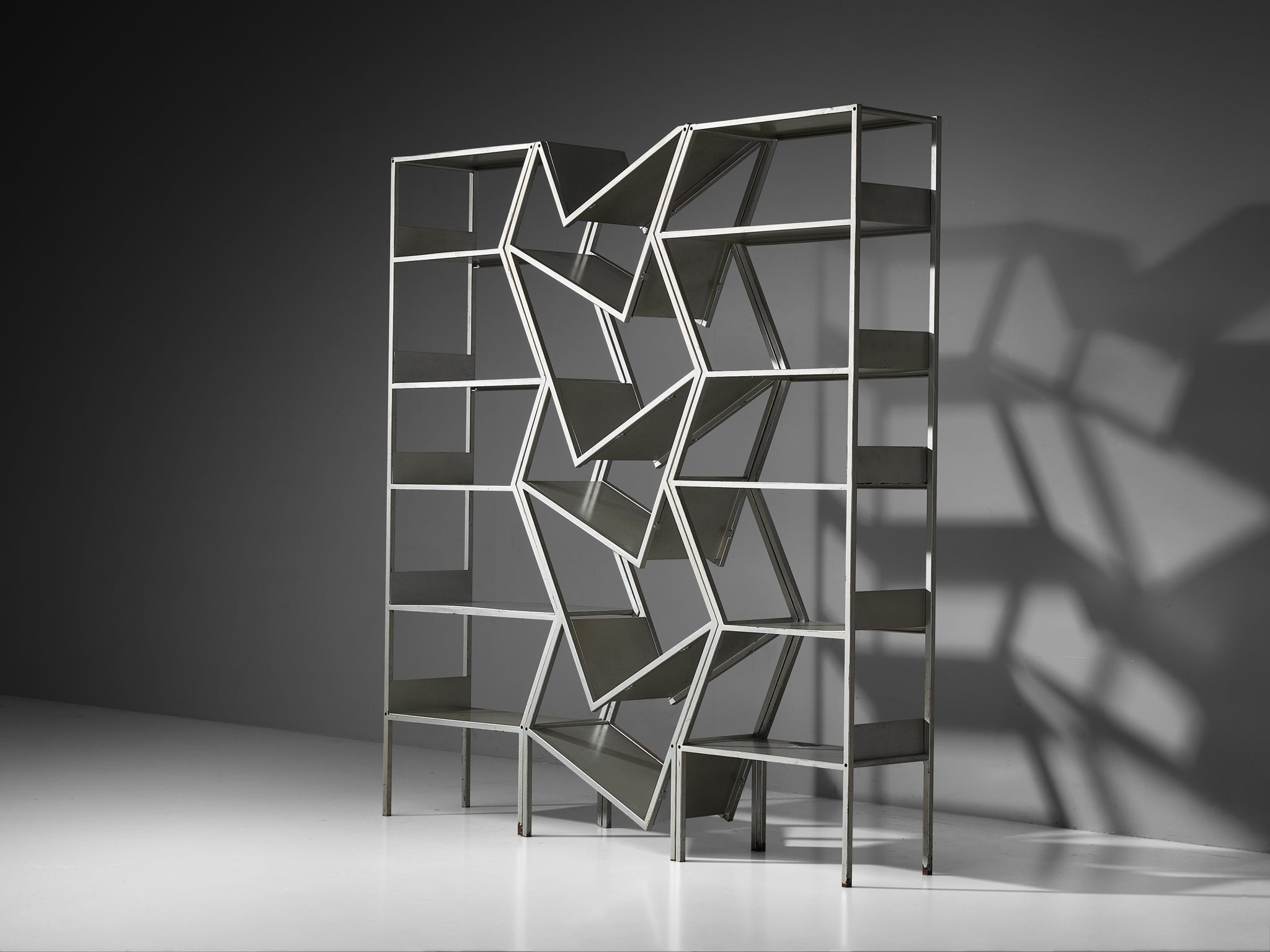 Post Modern Sculptural Asymmetrical Open Bookcase Room Divider in Steel Case pieces and storage cabinets Morentz