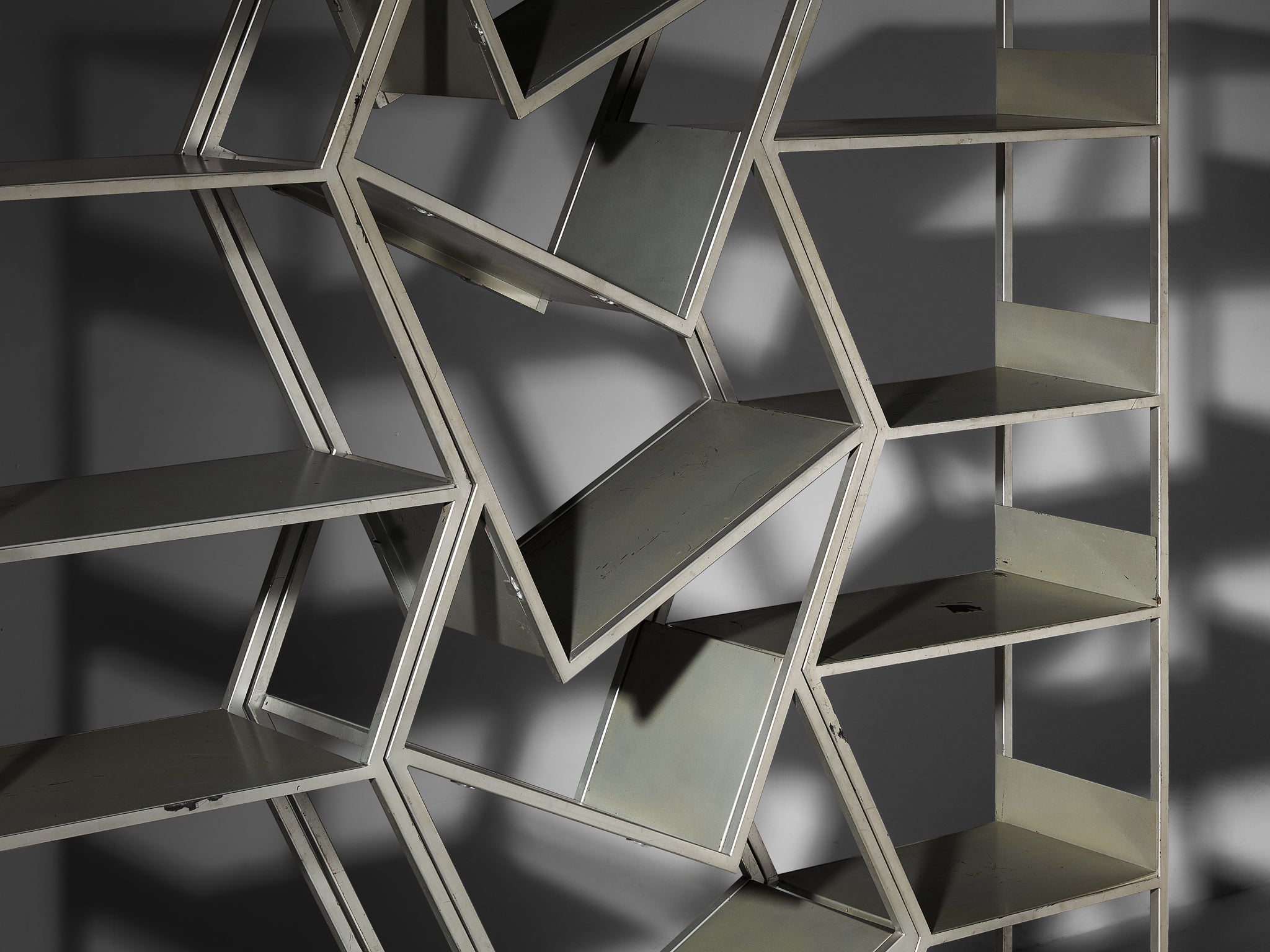 Post Modern Sculptural Asymmetrical Open Bookcase Room Divider in Steel Case pieces and storage cabinets Morentz