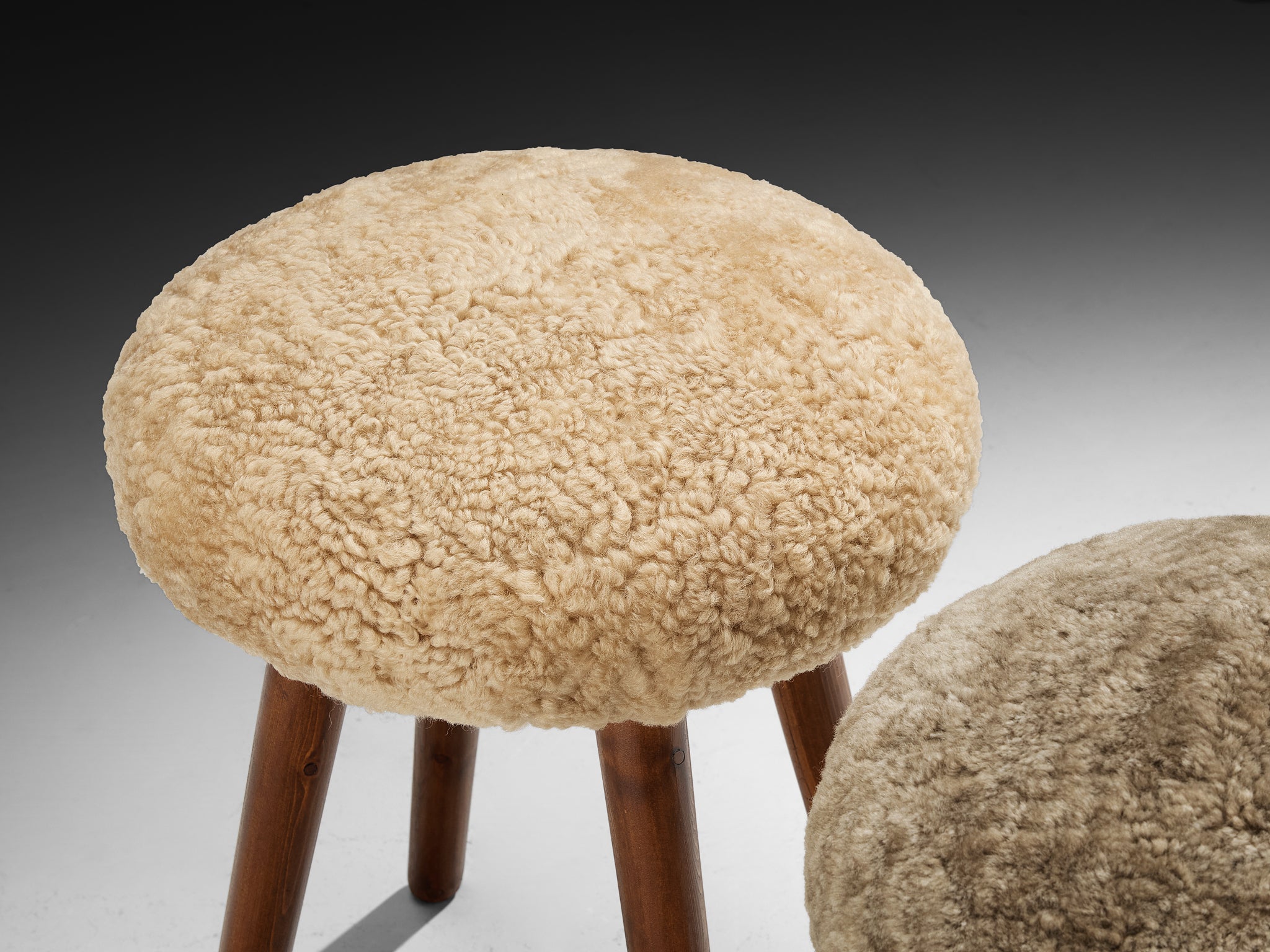 Italian Stools or Side Tables in Solid Pine and Sheepskin Seating Morentz