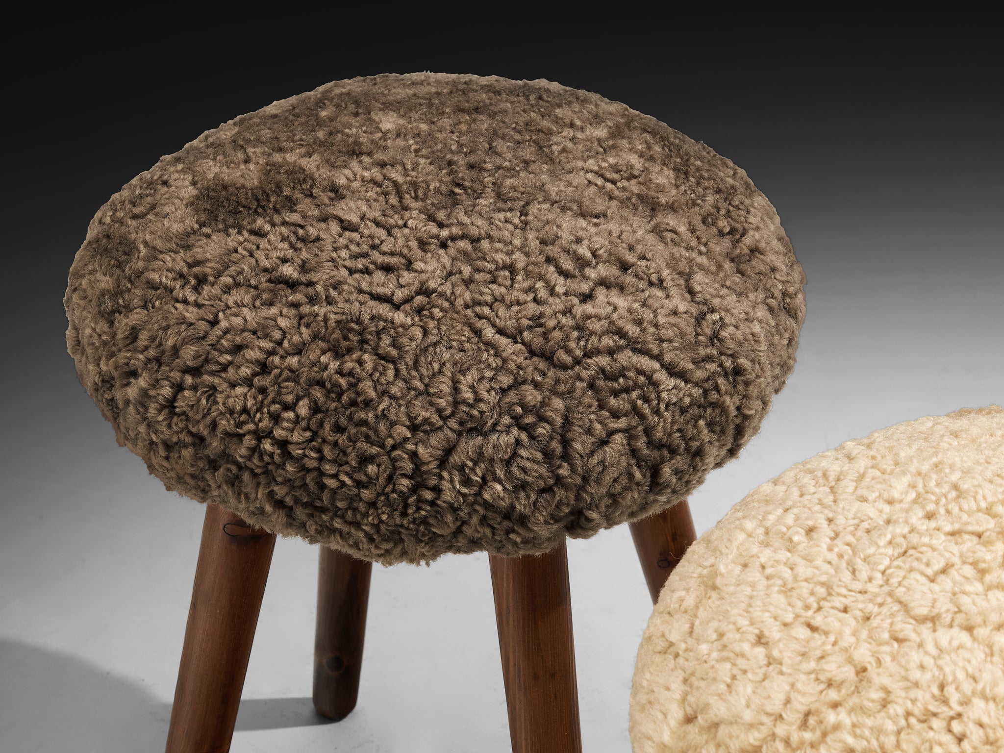 Italian Stools or Side Tables in Solid Pine and Sheepskin Seating Morentz