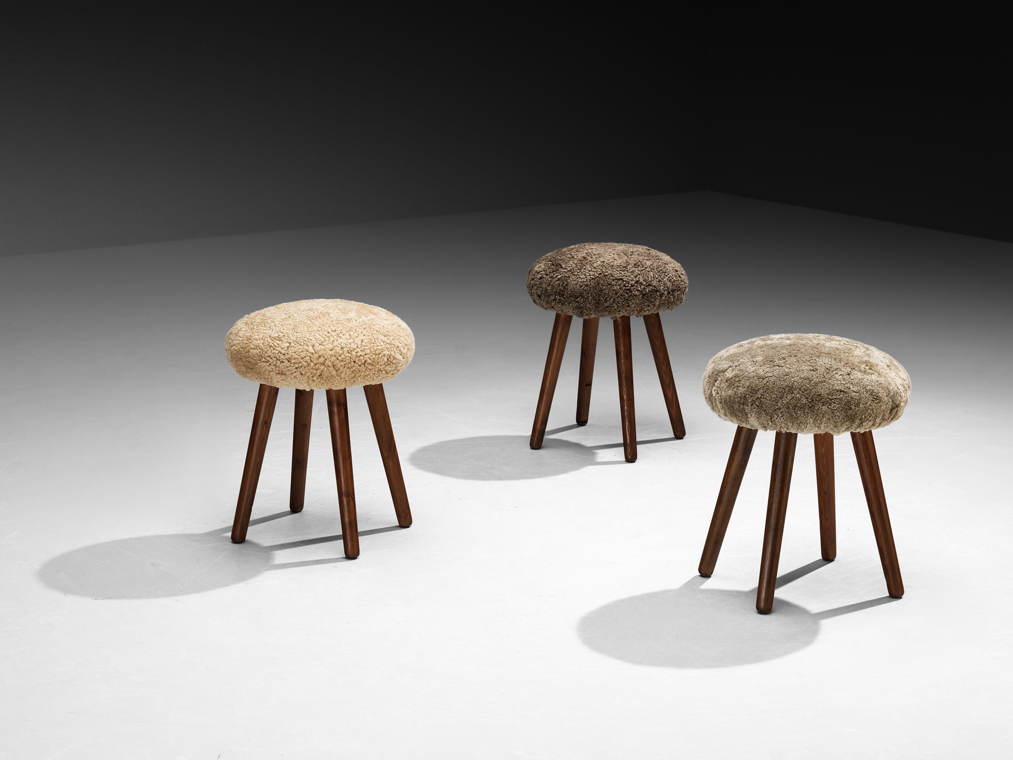 Italian Stools or Side Tables in Solid Pine and Sheepskin Seating Morentz