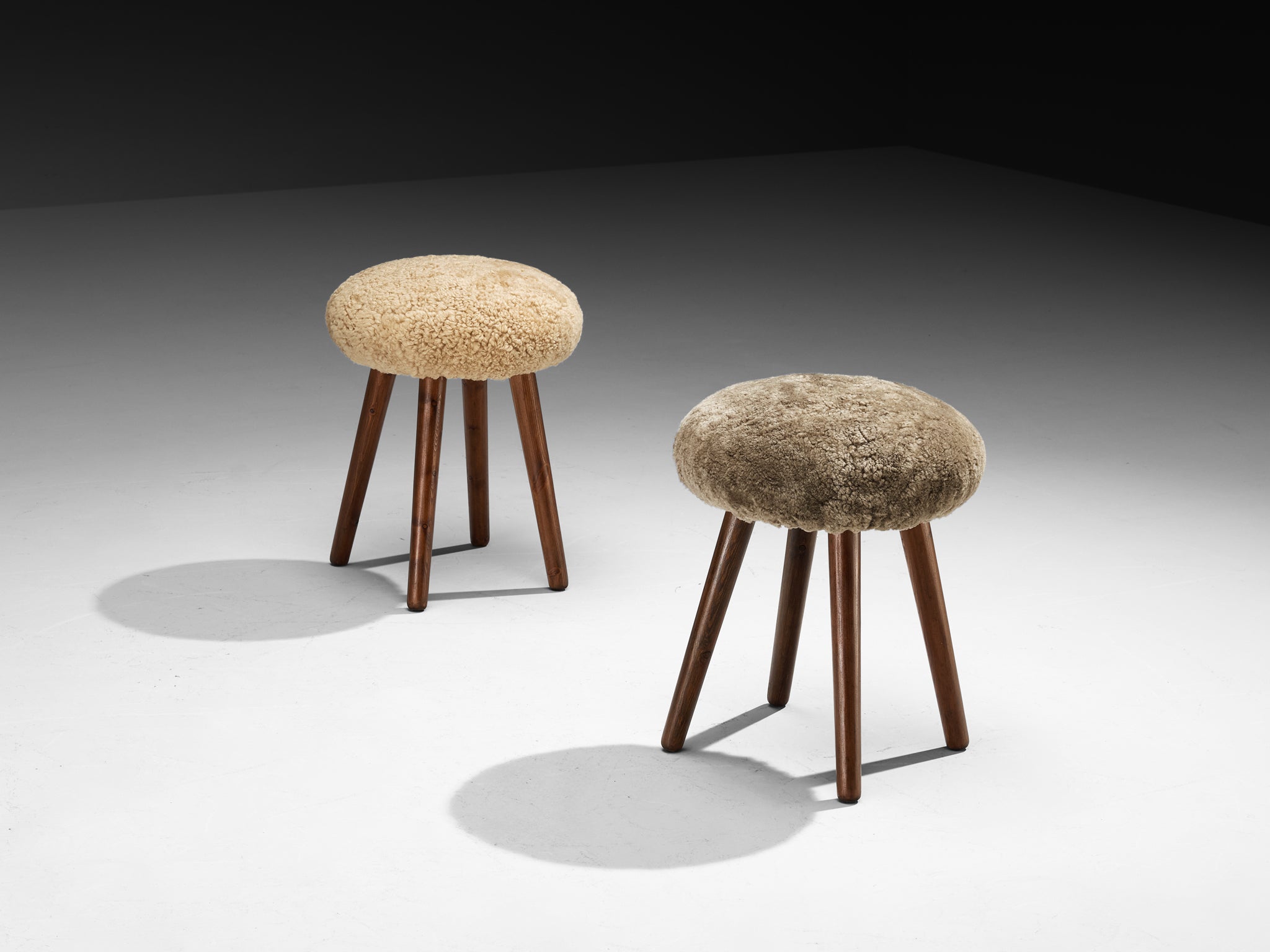Italian Stools or Side Tables in Solid Pine and Sheepskin Seating Morentz