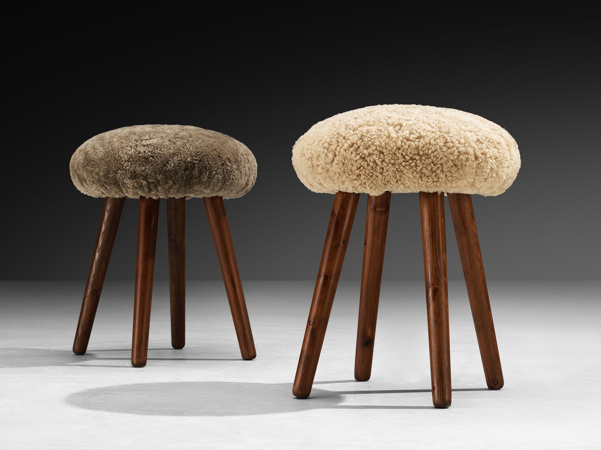 Italian Stools or Side Tables in Solid Pine and Sheepskin Seating Morentz