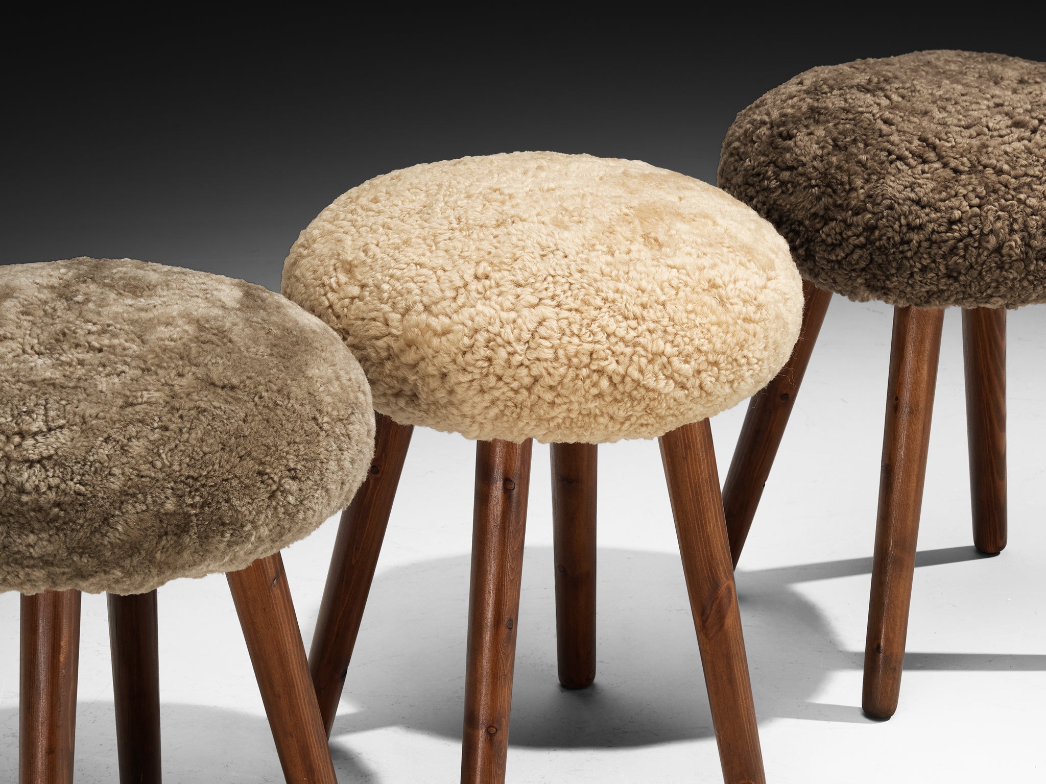 Italian Stools or Side Tables in Solid Pine and Sheepskin Seating Morentz