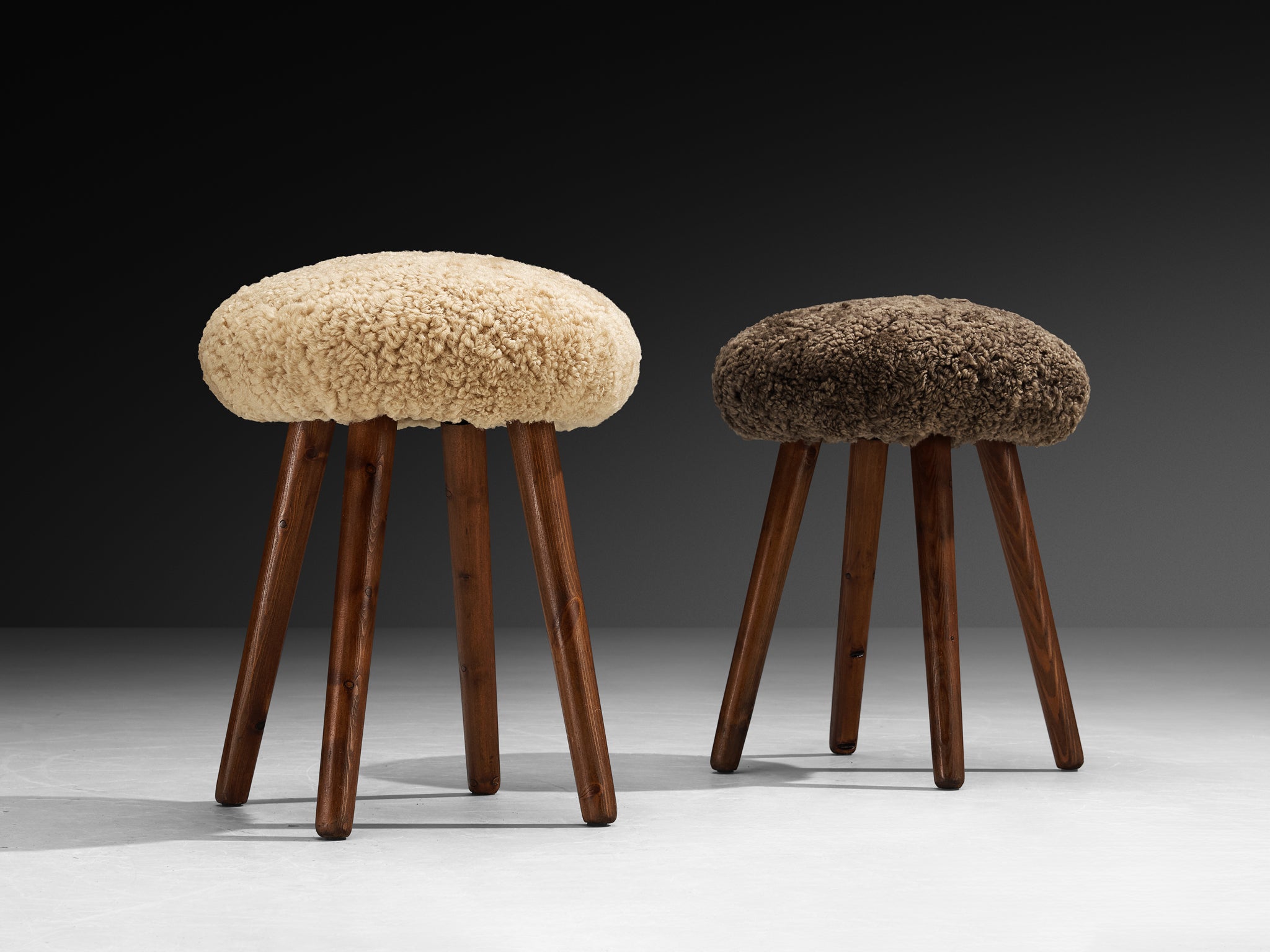 Italian Stools or Side Tables in Solid Pine and Sheepskin Seating Morentz