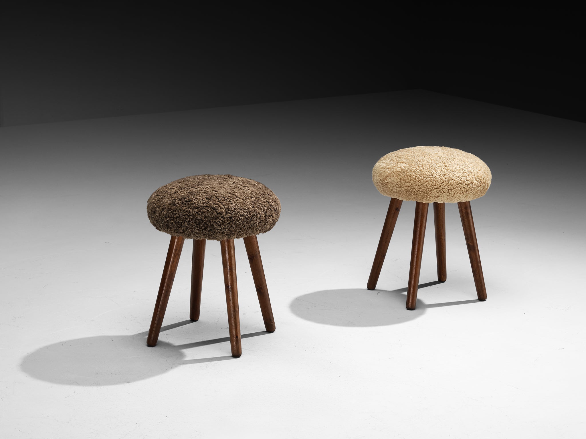 Italian Stools or Side Tables in Solid Pine and Sheepskin Seating Morentz