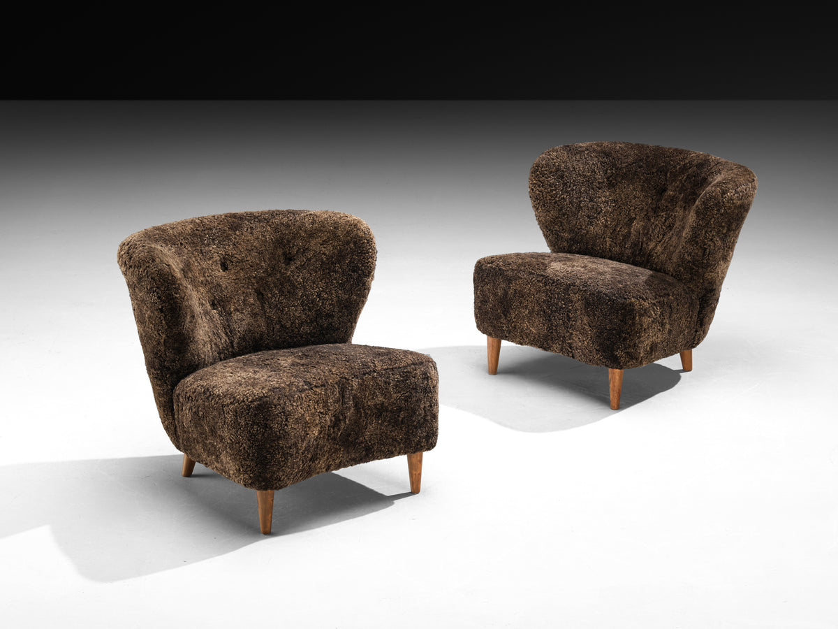 Gรถsta Jonsson Pair of Lounge Chairs in Dark Brown Sheepskin Seating Morentz