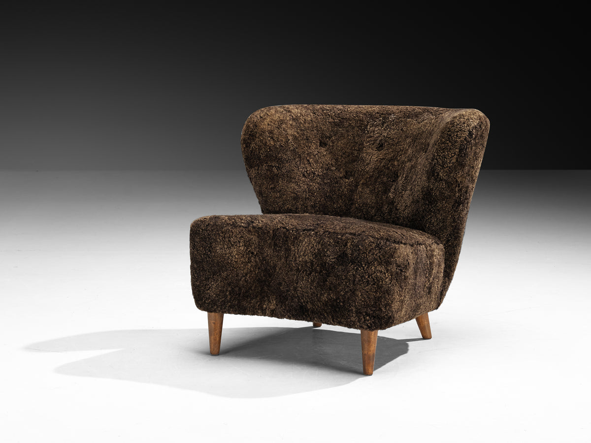 Gösta Jonsson Pair of Lounge Chairs in Dark Brown Sheepskin Seating Morentz